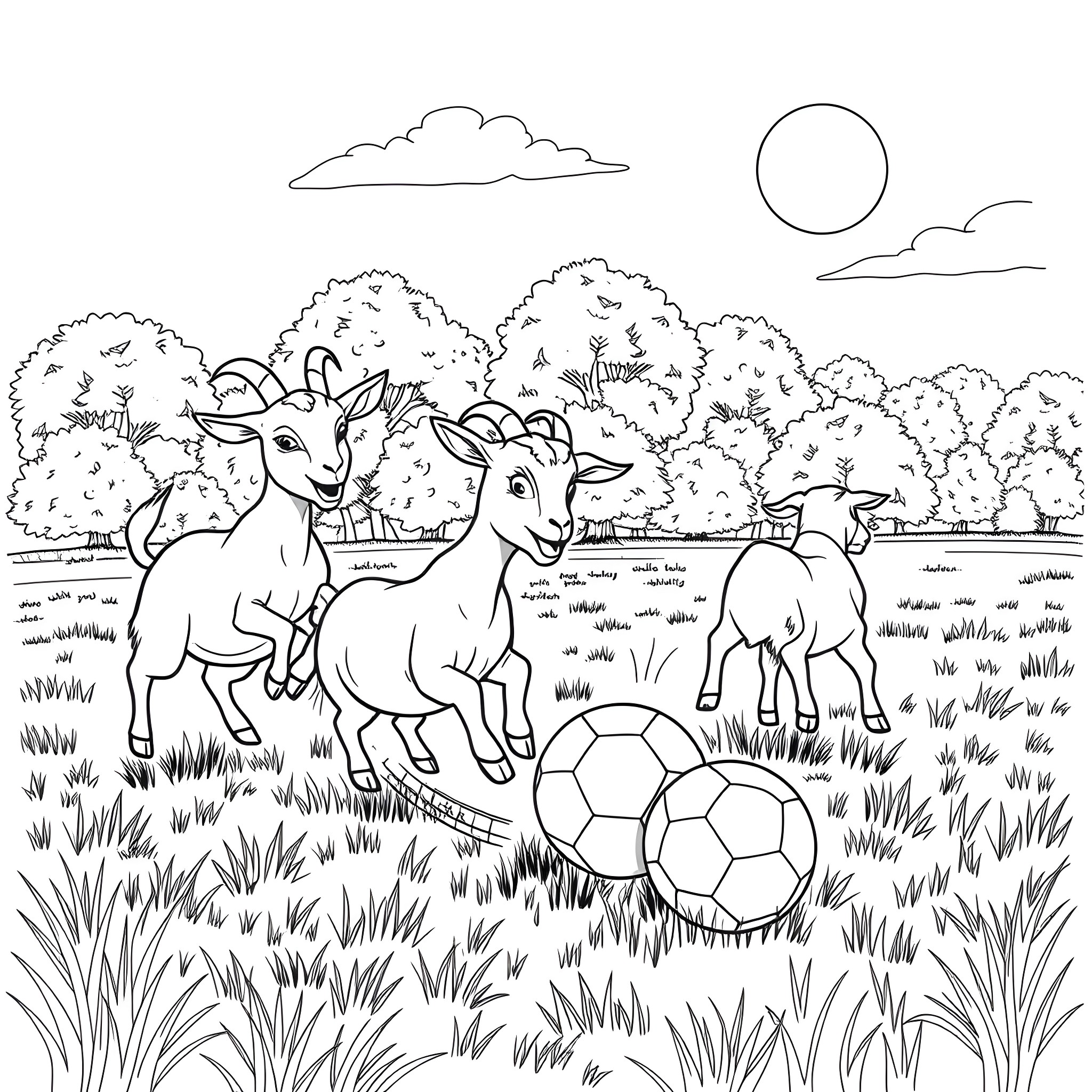 Goats playing joyfully with soccer balls in a scenic landscape Coloring Page (free black-and-white line drawing printable PDF for all, from beginners to advanced learners, including children, teens, adults, and seniors)