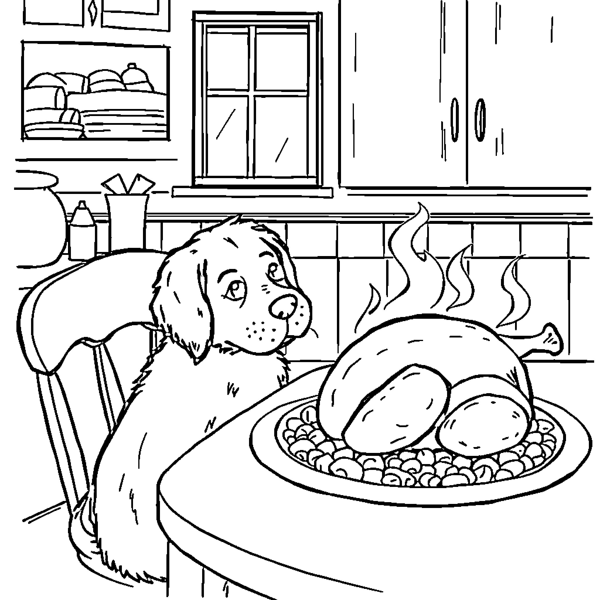 Dog begging for food on kitchen table Coloring Page (free black-and-white line drawing printable PDF for all, from beginners to advanced learners, including children, teens, adults, and seniors)