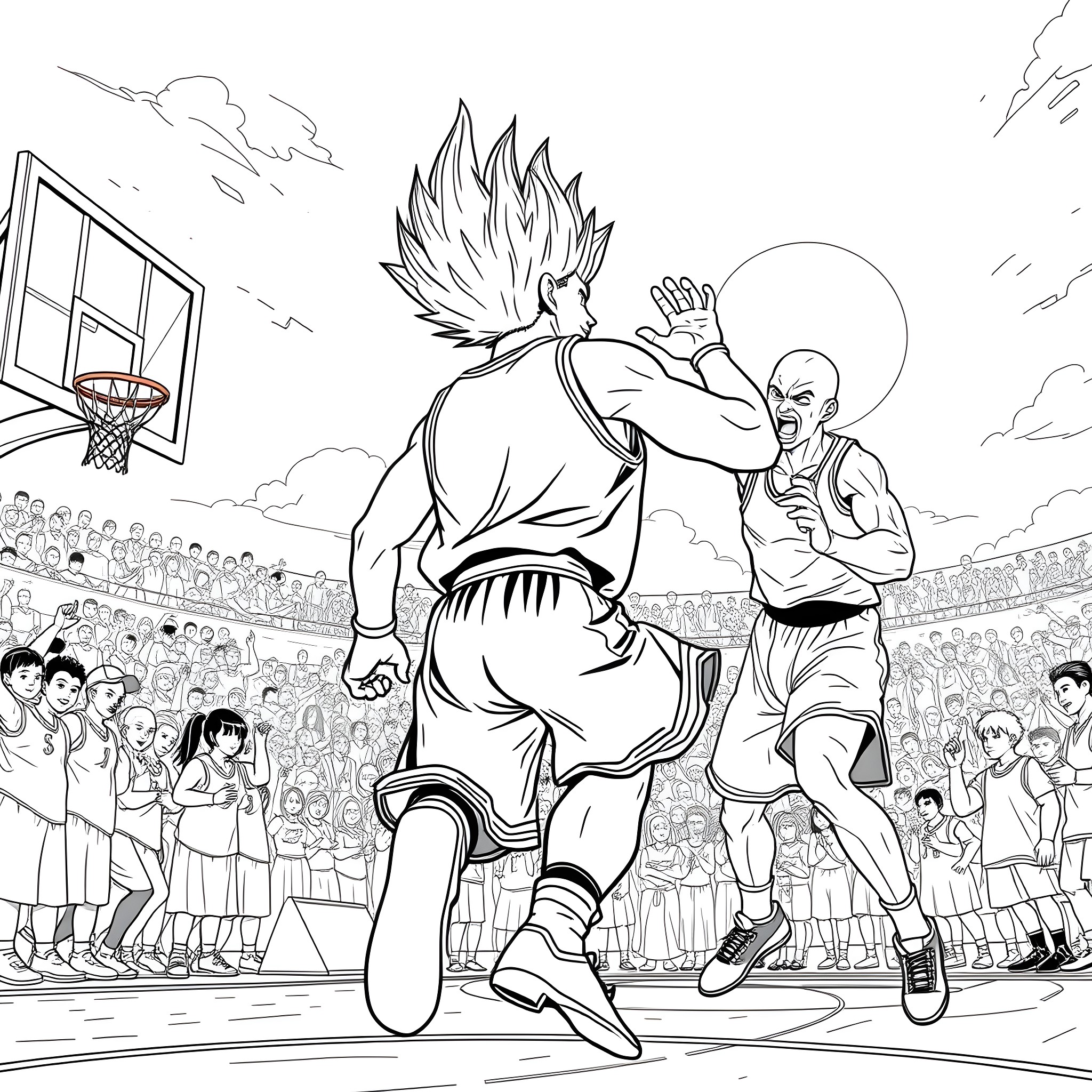 Vegeta's Intense Basketball Match Coloring Page (free black-and-white line drawing printable PDF for all, from beginners to advanced learners, including children, teens, adults, and seniors)