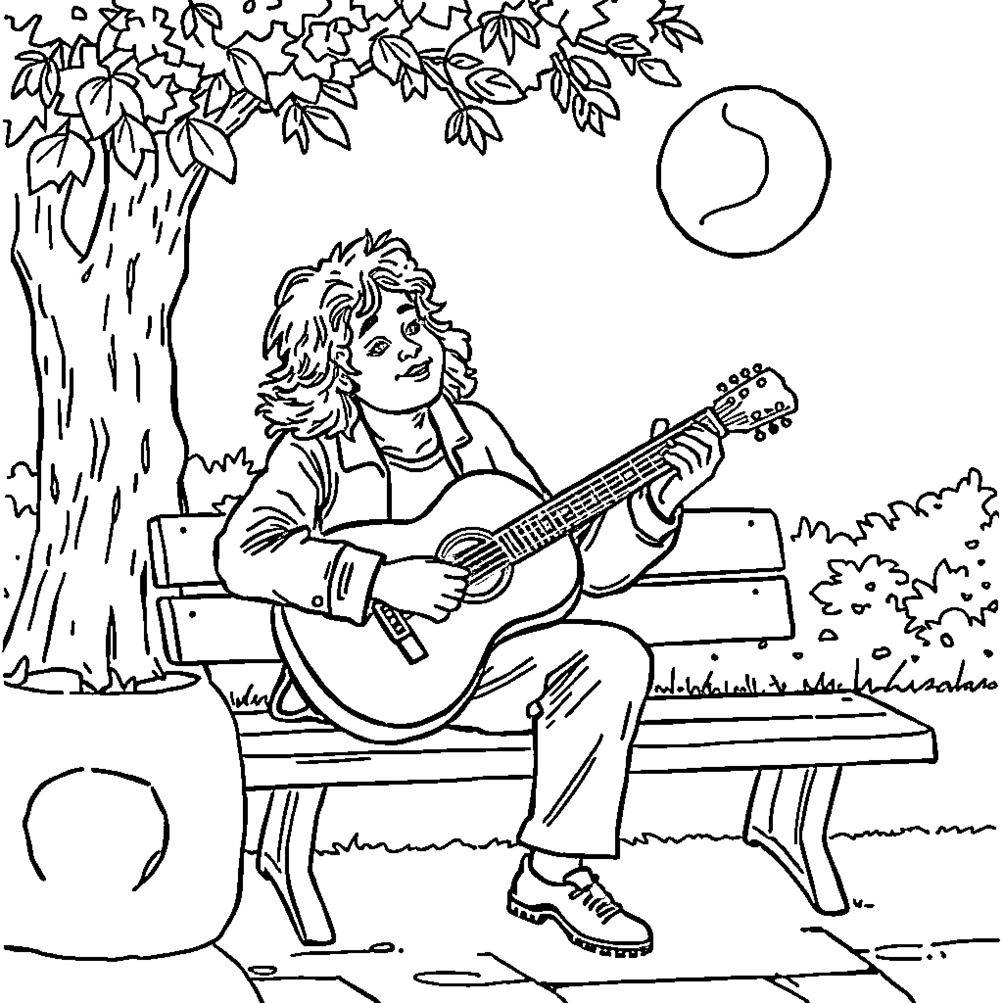 Miércoles Musical Moments under the Moonlight Coloring Page (free black-and-white line drawing printable PDF for all, from beginners to advanced learners, including children, teens, adults, and seniors)