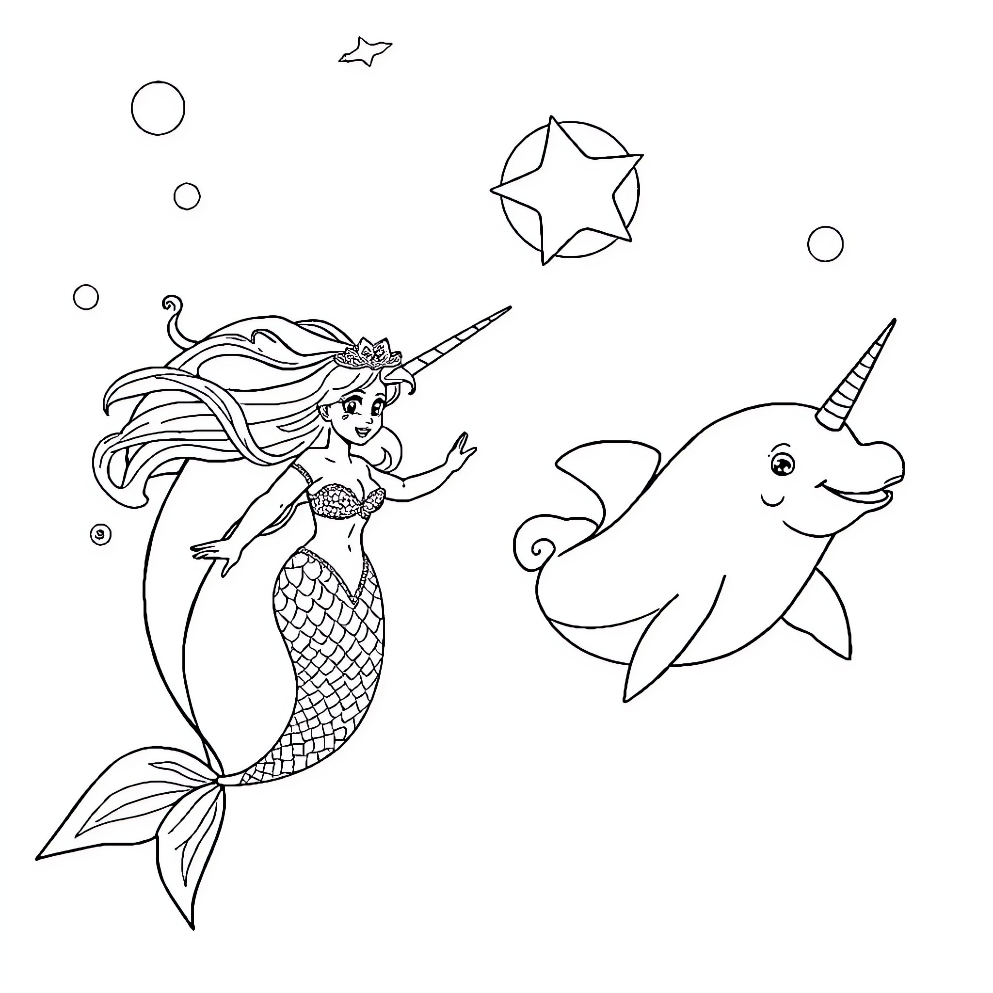 Mermaid and unicorn sea creature friends Coloring Page (free black-and-white line drawing printable PDF for all, from beginners to advanced learners, including children, teens, adults, and seniors)