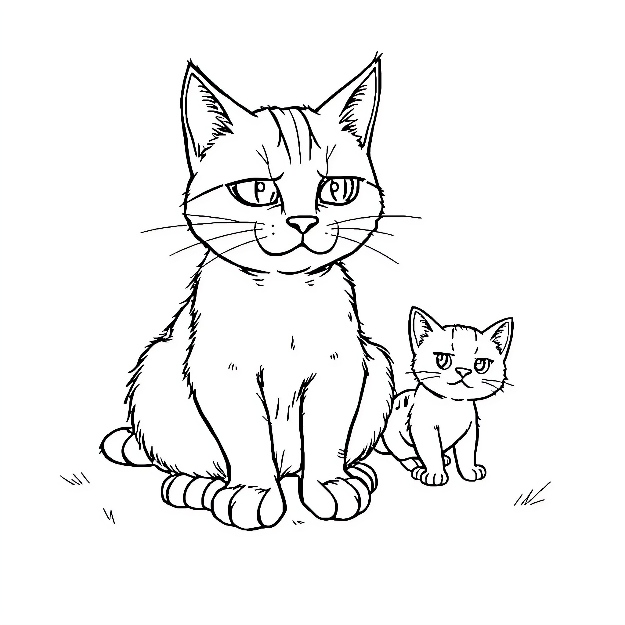 Cat and Kitten in Grass Coloring Page (free black-and-white line drawing printable PDF for all, from beginners to advanced learners, including children, teens, adults, and seniors)
