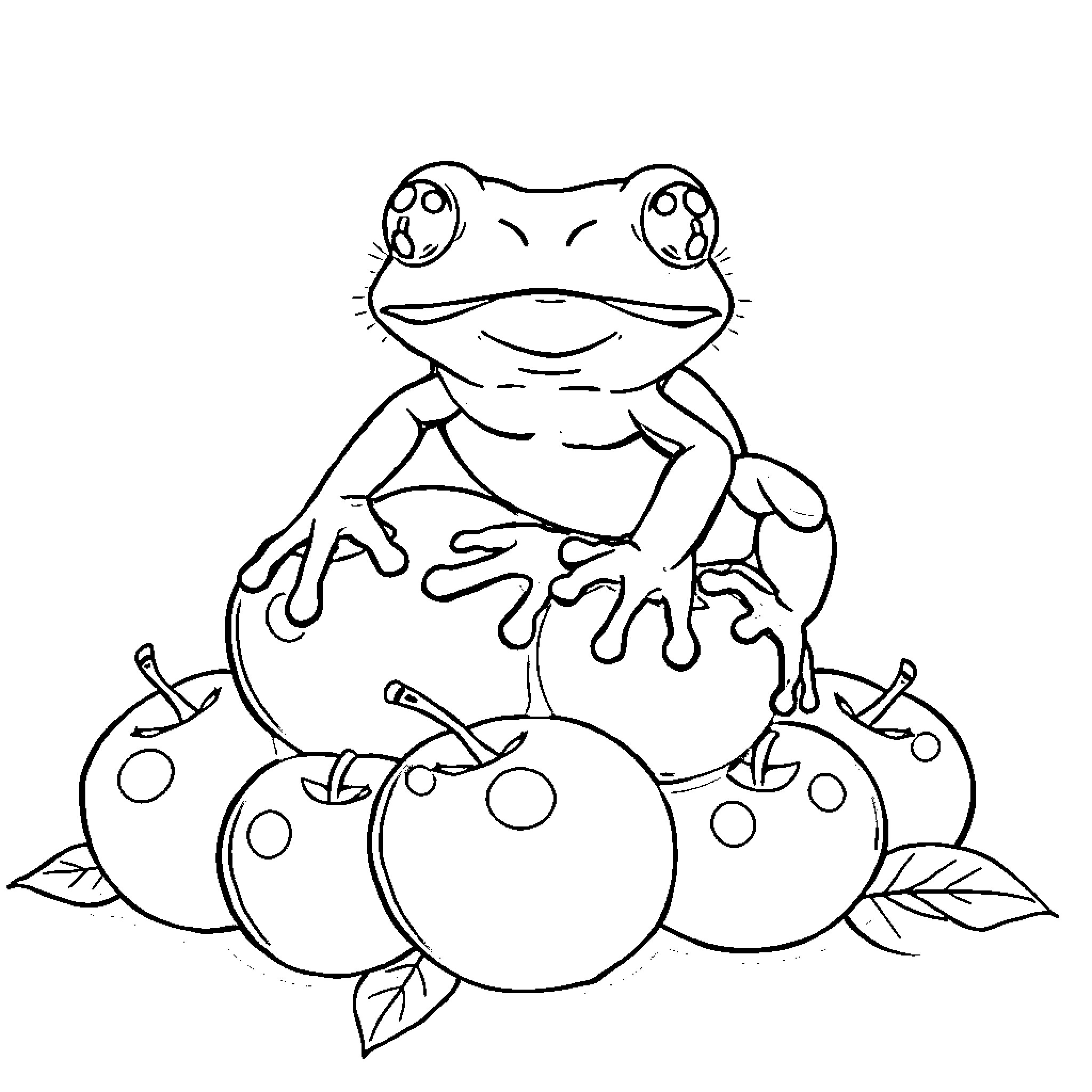Frog relaxing on fruit Coloring Page (free black-and-white line drawing printable PDF for all, from beginners to advanced learners, including children, teens, adults, and seniors)