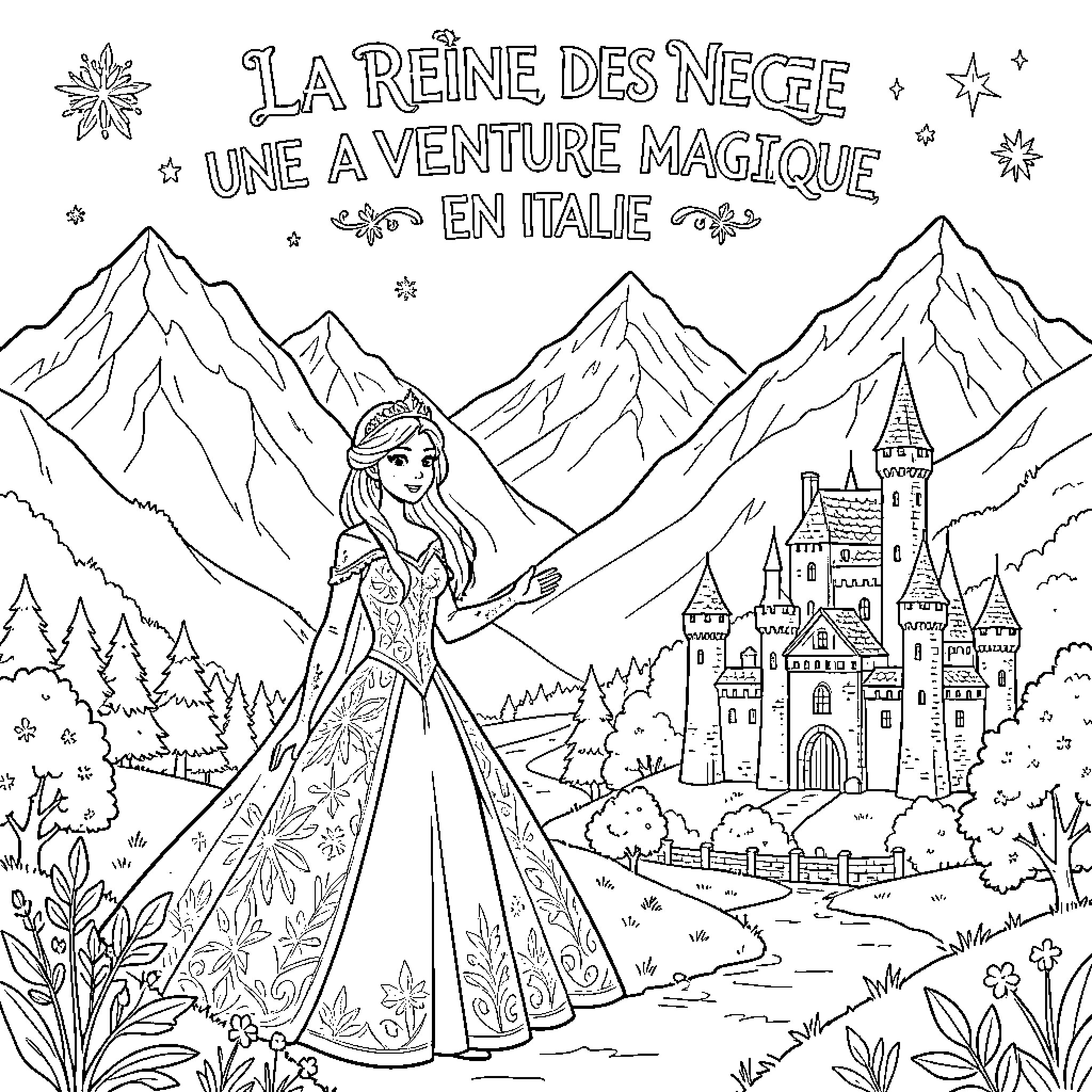 Snow Queen standing gracefully before a majestic castle Coloring Page (free black-and-white line drawing printable PDF for all, from beginners to advanced learners, including children, teens, adults, and seniors)