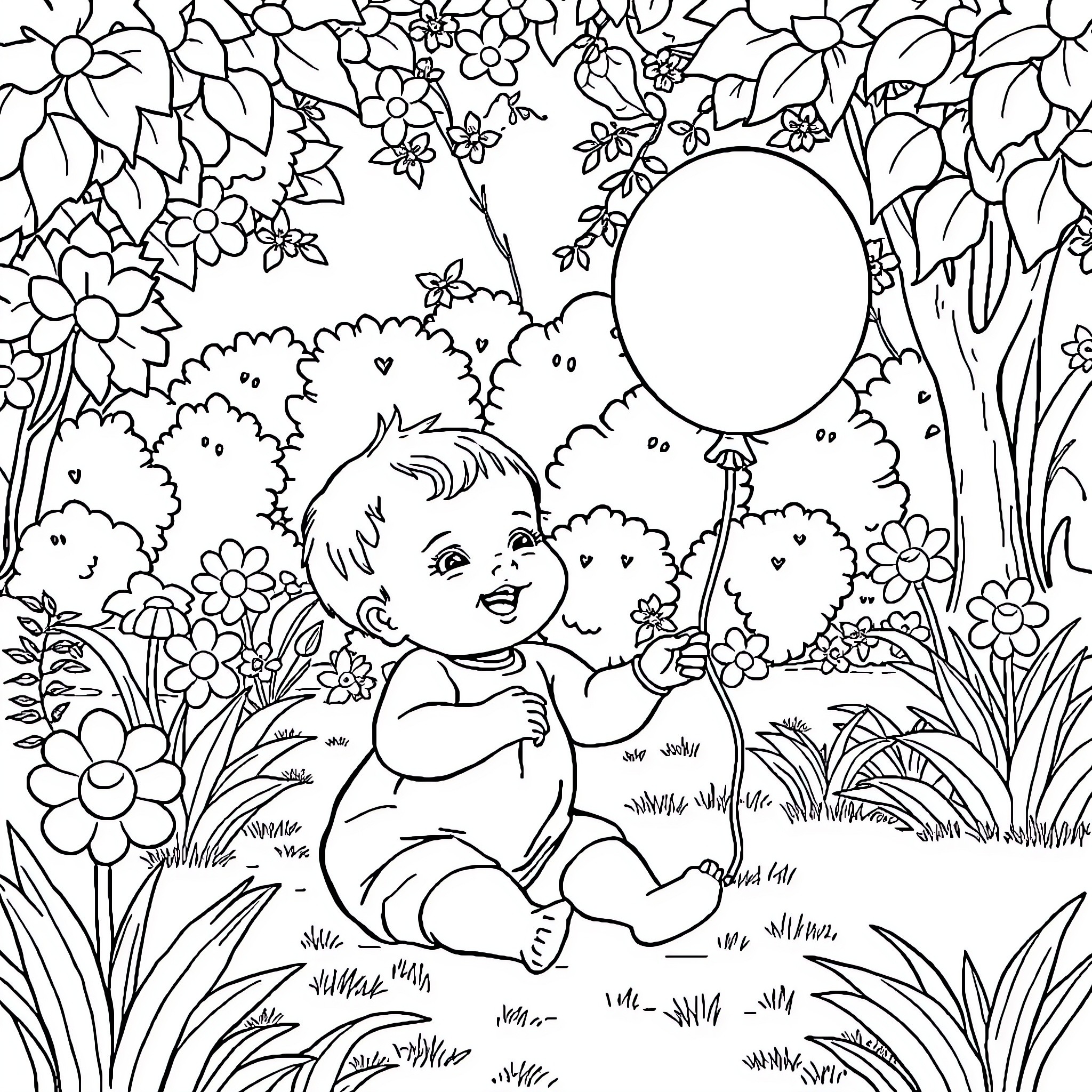 Baby playing with balloons in a floral garden Coloring Page (free black-and-white line drawing printable PDF for all, from beginners to advanced learners, including children, teens, adults, and seniors)