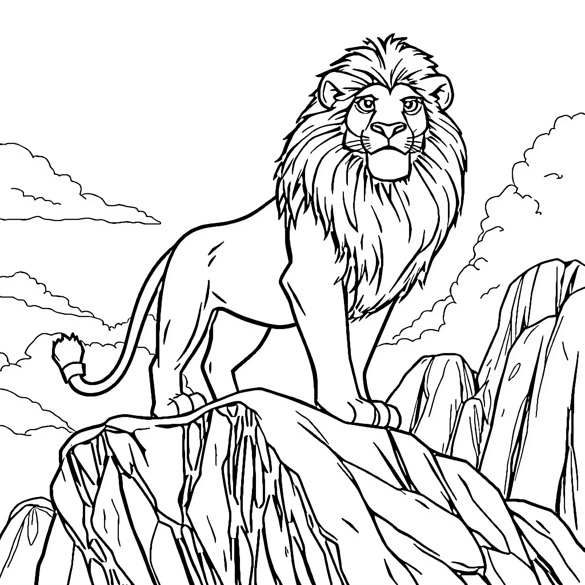 Lion standing atop rocky cliffs Coloring Page (free black-and-white line drawing printable PDF for all, from beginners to advanced learners, including children, teens, adults, and seniors)