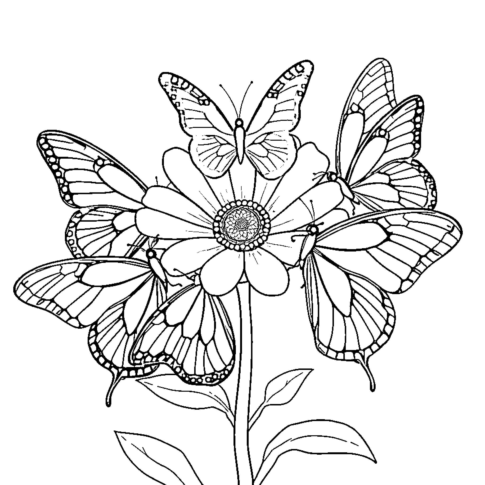 Butterfly perched on flower with artistic patterns Coloring Page (free black-and-white line drawing printable PDF for all, from beginners to advanced learners, including children, teens, adults, and seniors)