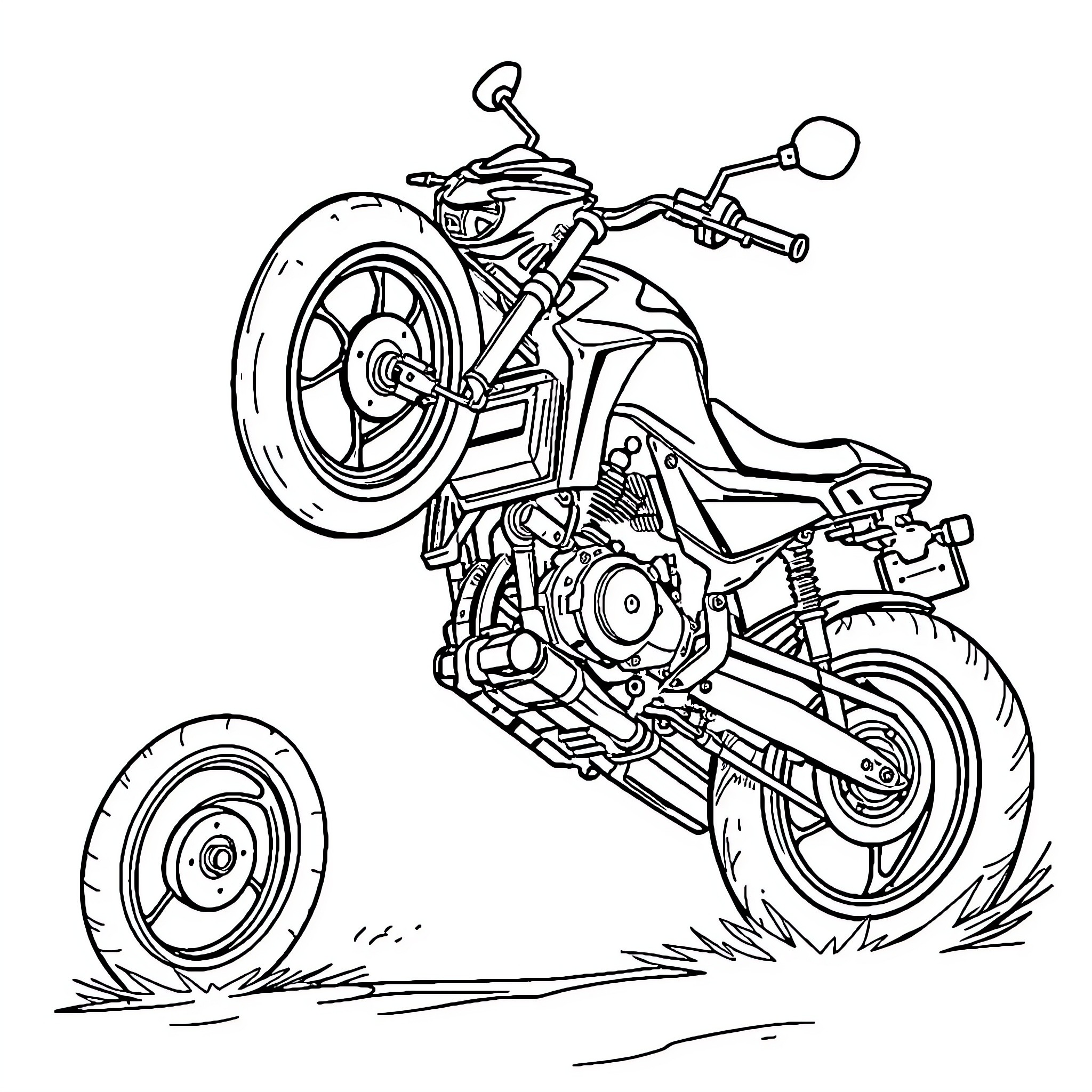 Honda motorcycle jumping over obstacles Coloring Page (free black-and-white line drawing printable PDF for all, from beginners to advanced learners, including children, teens, adults, and seniors)