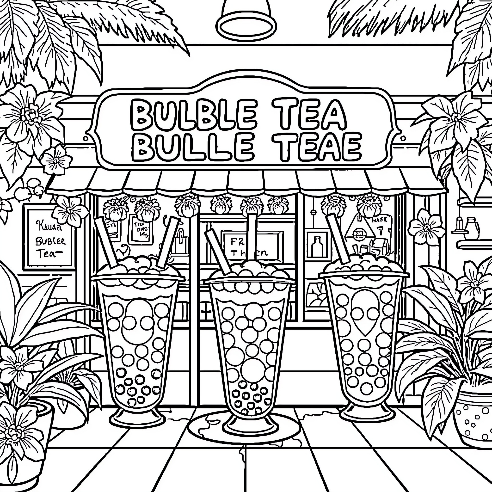 Bubble Tea Shop with Colorful Drinks and Decor Coloring Page (free black-and-white line drawing printable PDF for all, from beginners to advanced learners, including children, teens, adults, and seniors)