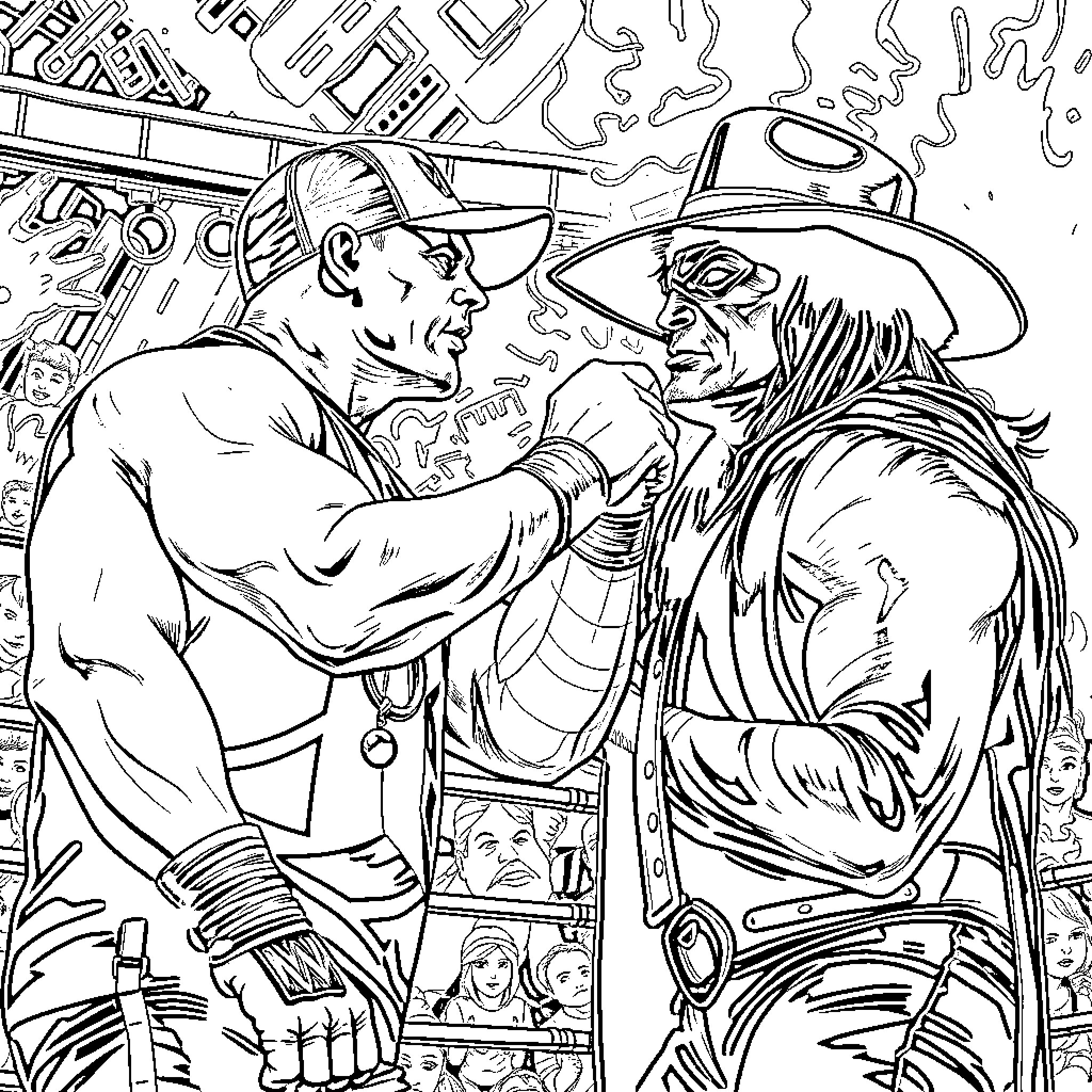 John Cena's Wrestling Showdown with a Rugged Opponent Coloring Page (free black-and-white line drawing printable PDF for all, from beginners to advanced learners, including children, teens, adults, and seniors)