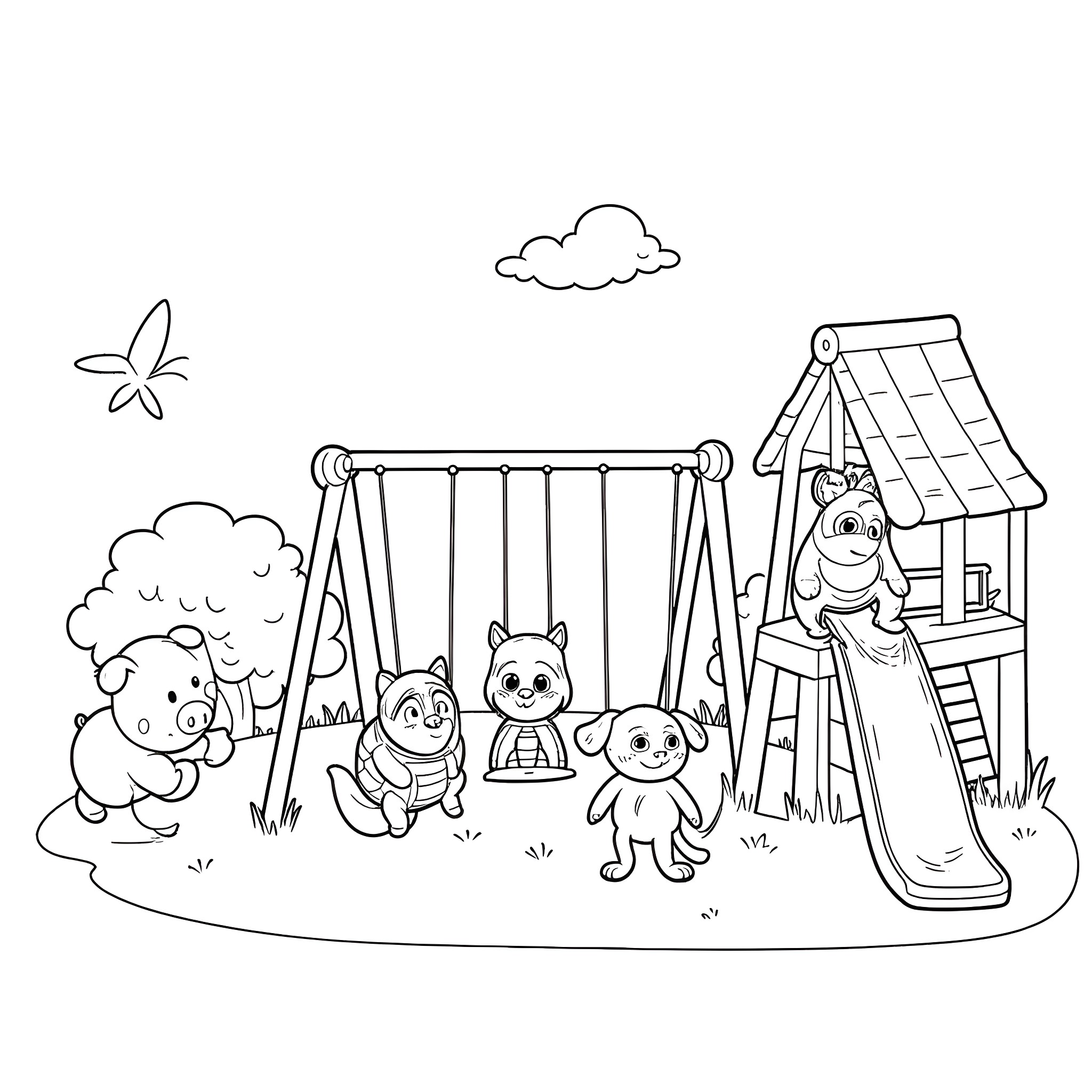 Animal friends playing on the playground Coloring Page (free black-and-white line drawing printable PDF for all, from beginners to advanced learners, including children, teens, adults, and seniors)
