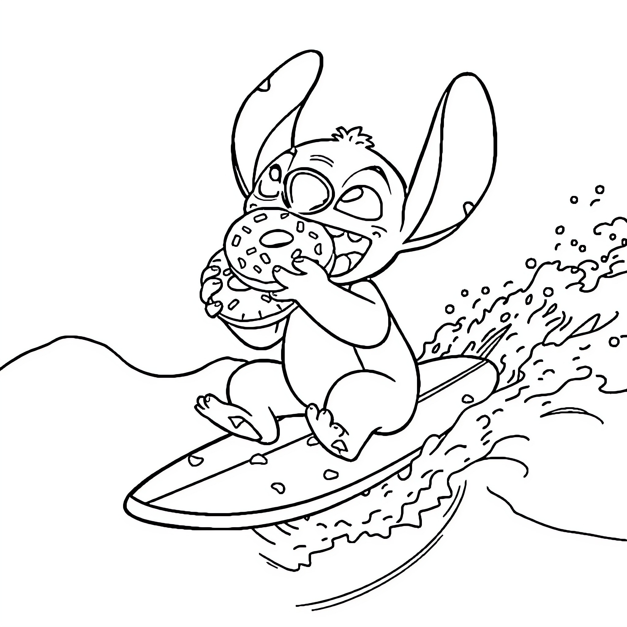 Stitch surfing through waves playfully Coloring Page (free black-and-white line drawing printable PDF for all, from beginners to advanced learners, including children, teens, adults, and seniors)