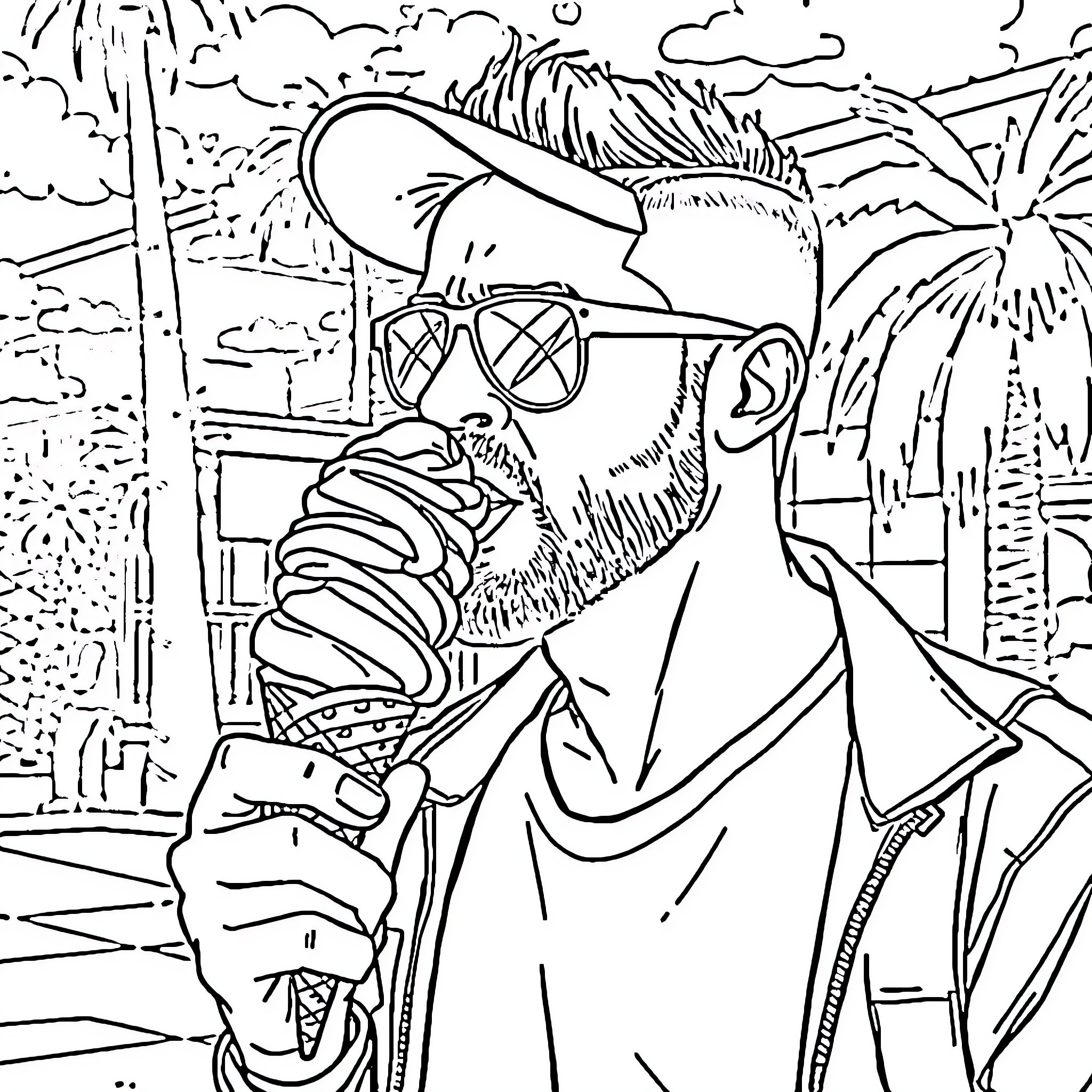 Trevor's Casual Beach Stroll Coloring Page (free black-and-white line drawing printable PDF for all, from beginners to advanced learners, including children, teens, adults, and seniors)