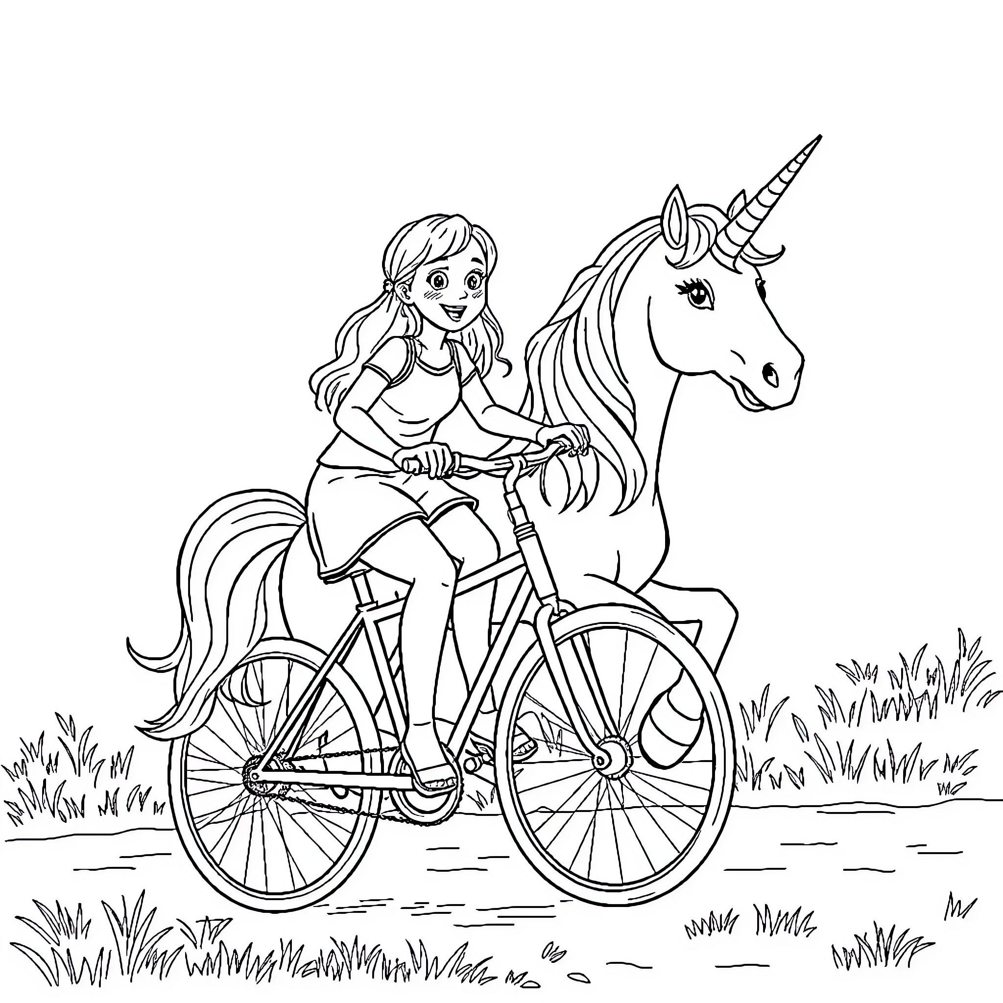 Girl riding unicorn bicycle in the meadow Coloring Page (free black-and-white line drawing printable PDF for all, from beginners to advanced learners, including children, teens, adults, and seniors)