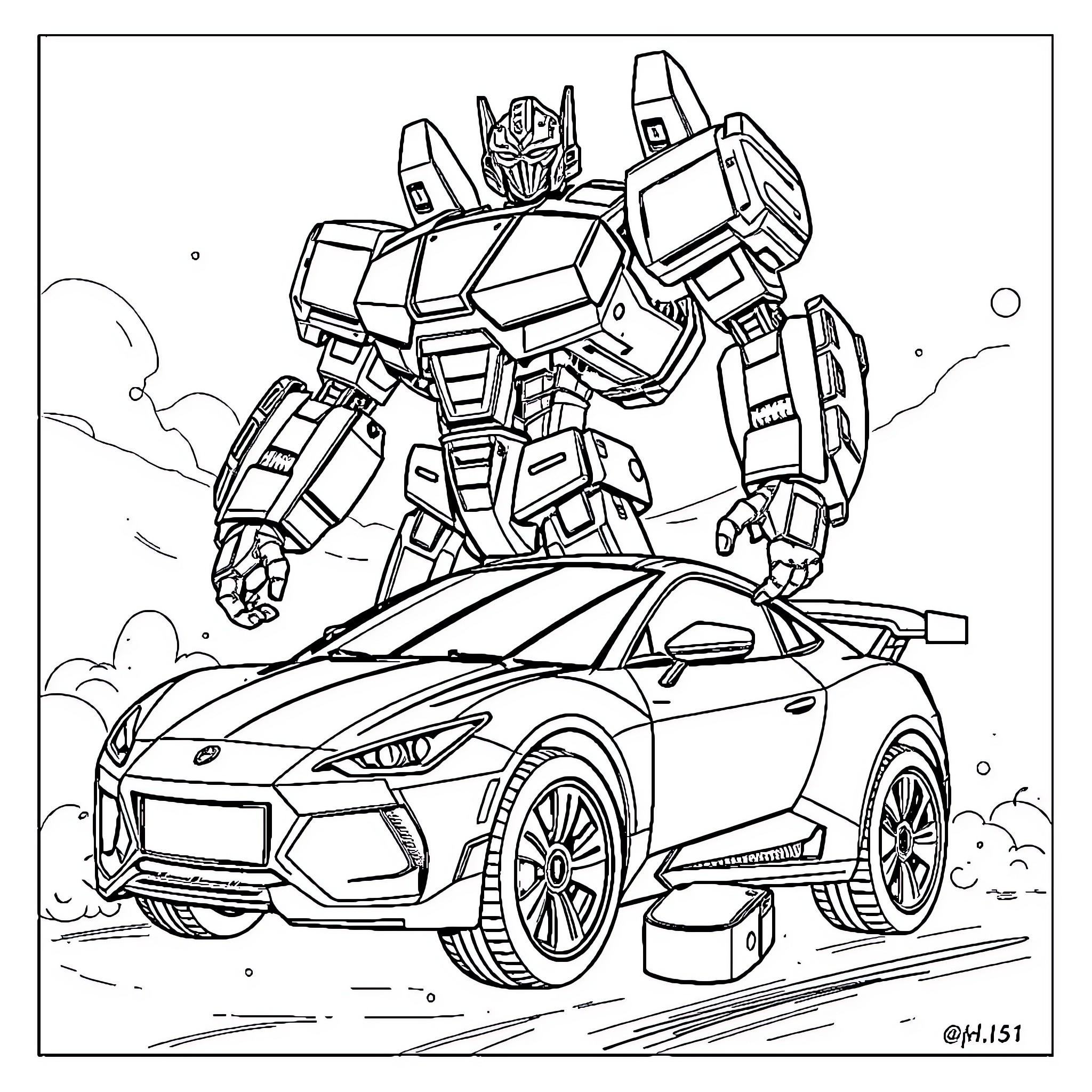 Robot Transforming into Sports Car on the Road Coloring Page (free black-and-white line drawing printable PDF for all, from beginners to advanced learners, including children, teens, adults, and seniors)