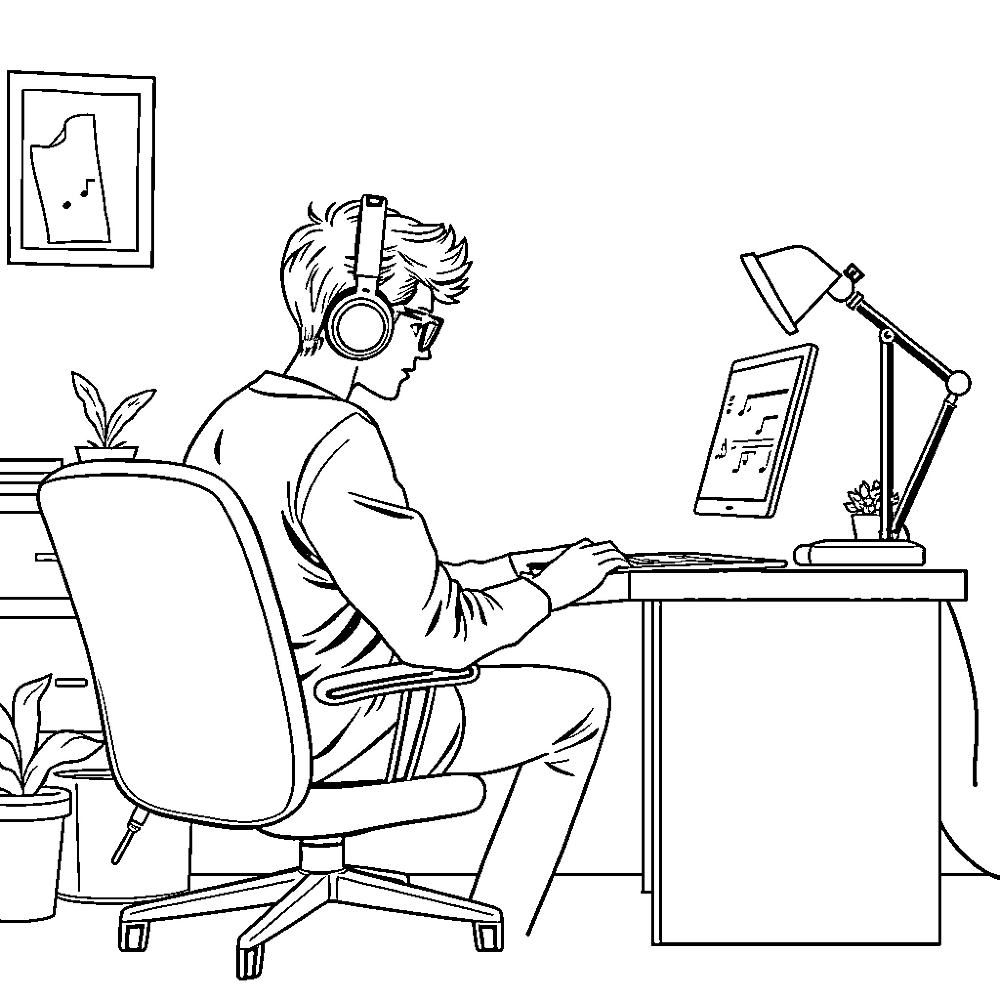Étudiant travaillant sur un ordinateur dans un bureau Coloring Page (free black-and-white line drawing printable PDF for all, from beginners to advanced learners, including children, teens, adults, and seniors)