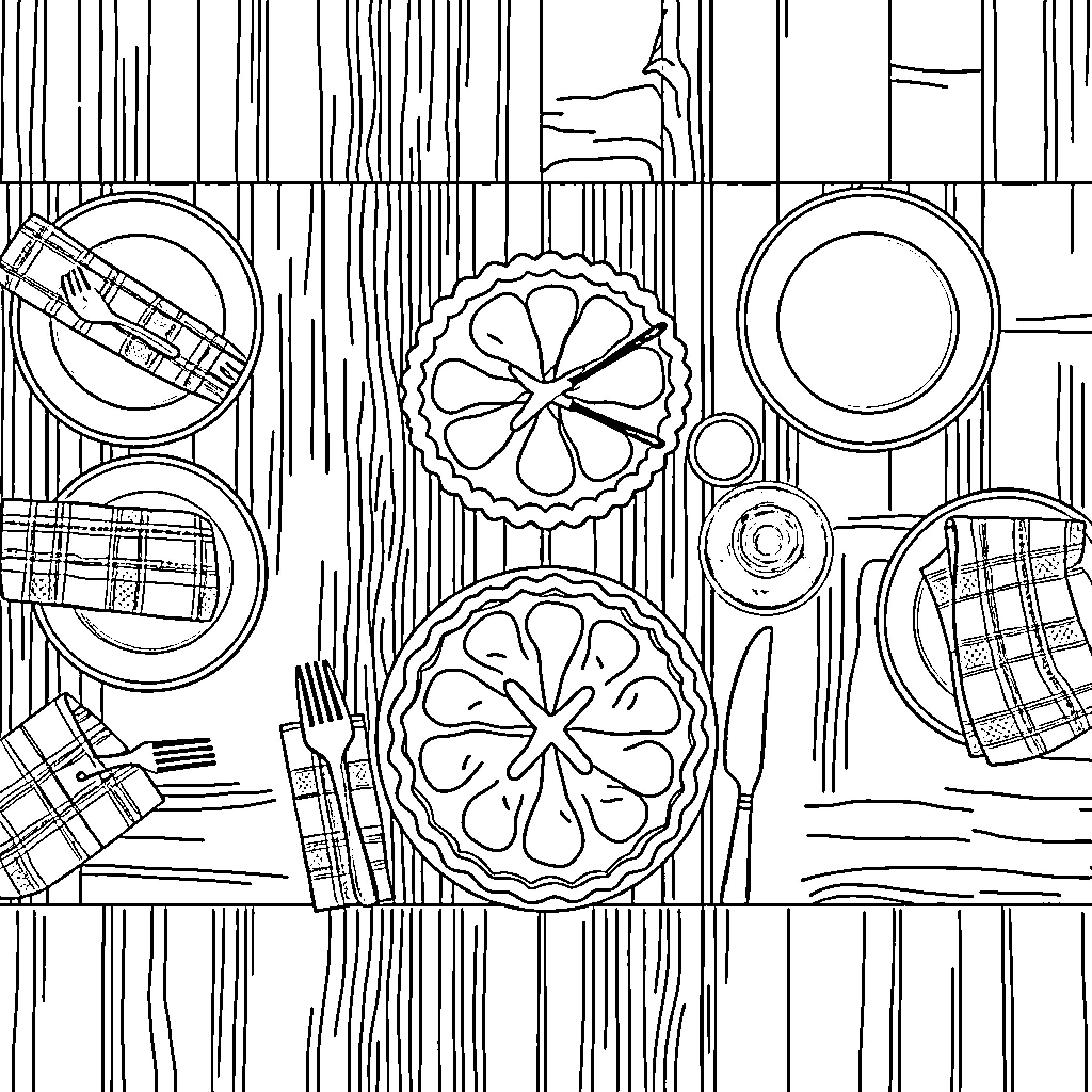 Pie and Tableware on Wooden Background Coloring Page (free black-and-white line drawing printable PDF for all, from beginners to advanced learners, including children, teens, adults, and seniors)