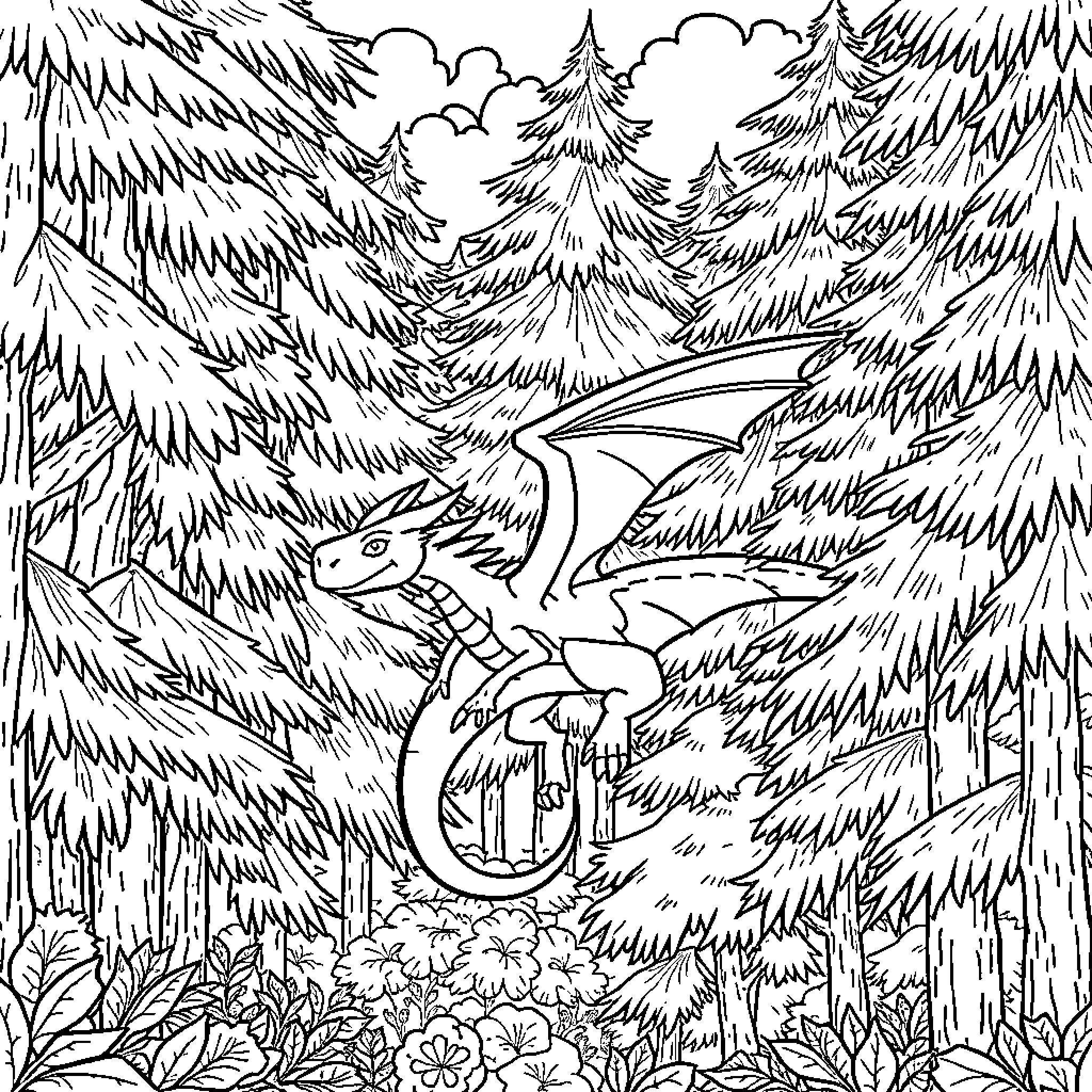 Dragon in the Mysterious Forest Coloring Page (free black-and-white line drawing printable PDF for all, from beginners to advanced learners, including children, teens, adults, and seniors)