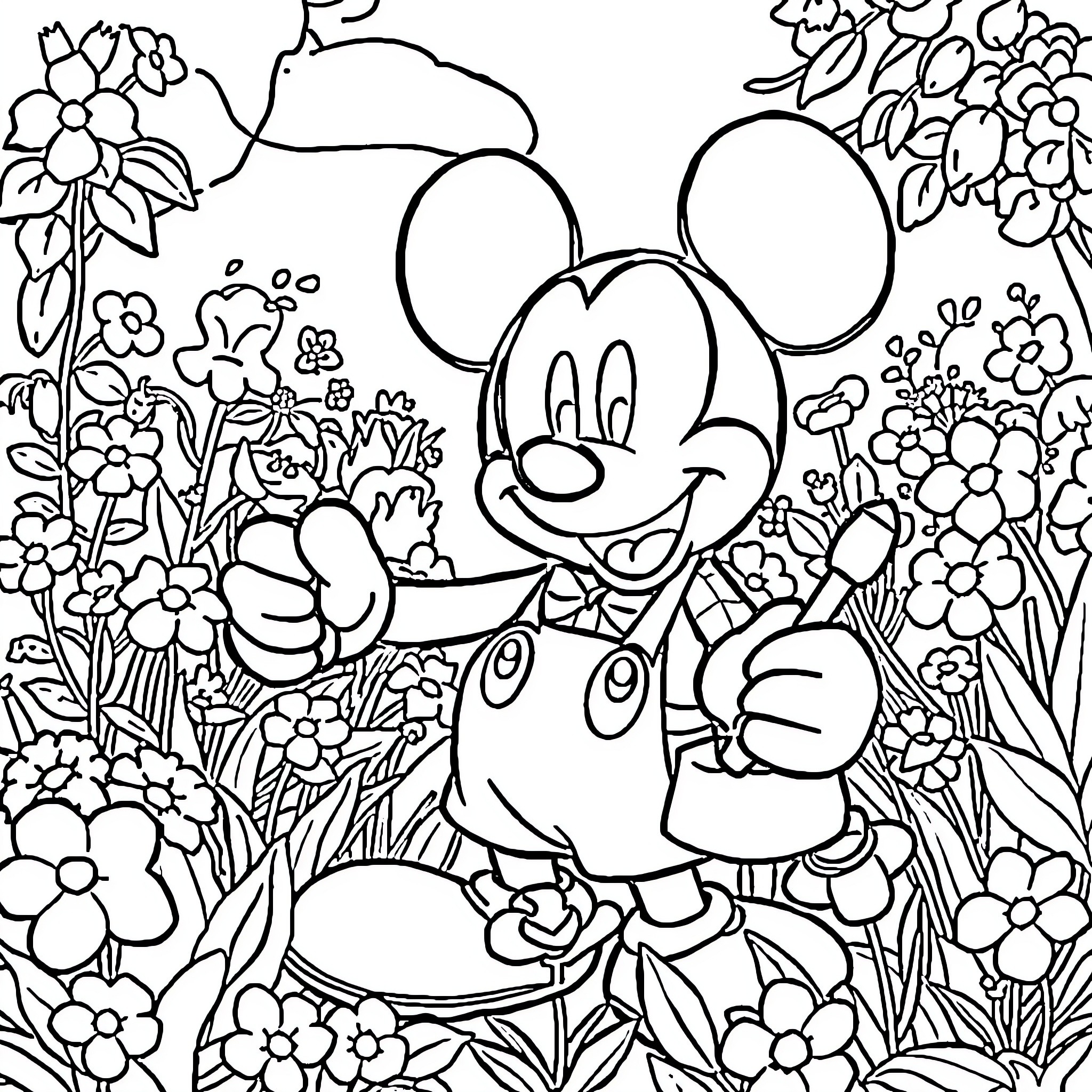 Mickey exploring the floral garden Coloring Page (free black-and-white line drawing printable PDF for all, from beginners to advanced learners, including children, teens, adults, and seniors)