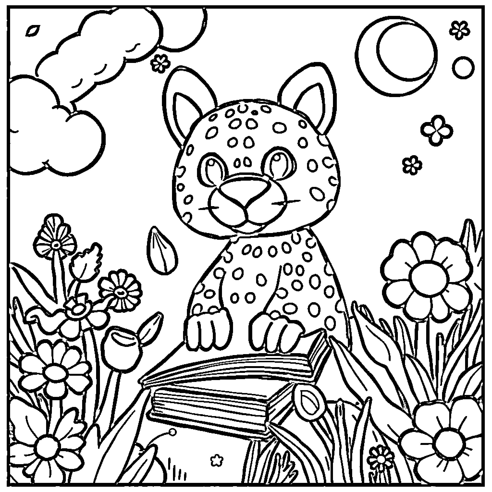 Book of Curious Leopard in Floral Field Coloring Page (free black-and-white line drawing printable PDF for all, from beginners to advanced learners, including children, teens, adults, and seniors)