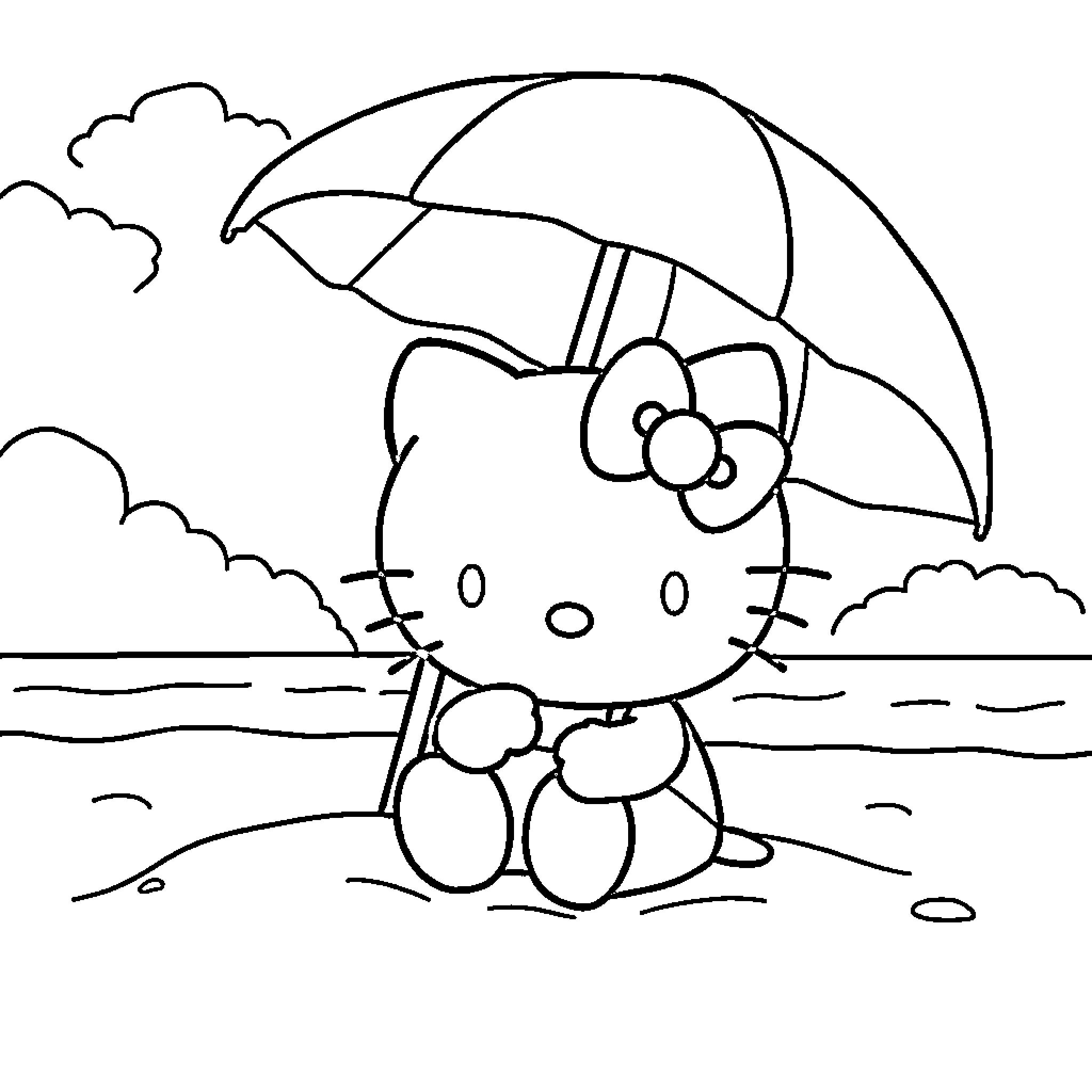 Hello Kitty playing under an umbrella at the beach Coloring Page (free black-and-white line drawing printable PDF for all, from beginners to advanced learners, including children, teens, adults, and seniors)