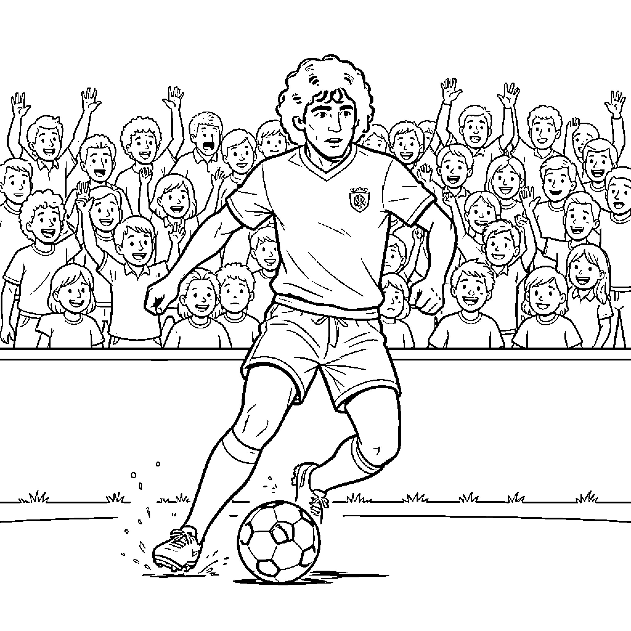 Maradona dribbling a soccer ball before an enthusiastic crowd Coloring Page (free black-and-white line drawing printable PDF for all, from beginners to advanced learners, including children, teens, adults, and seniors)