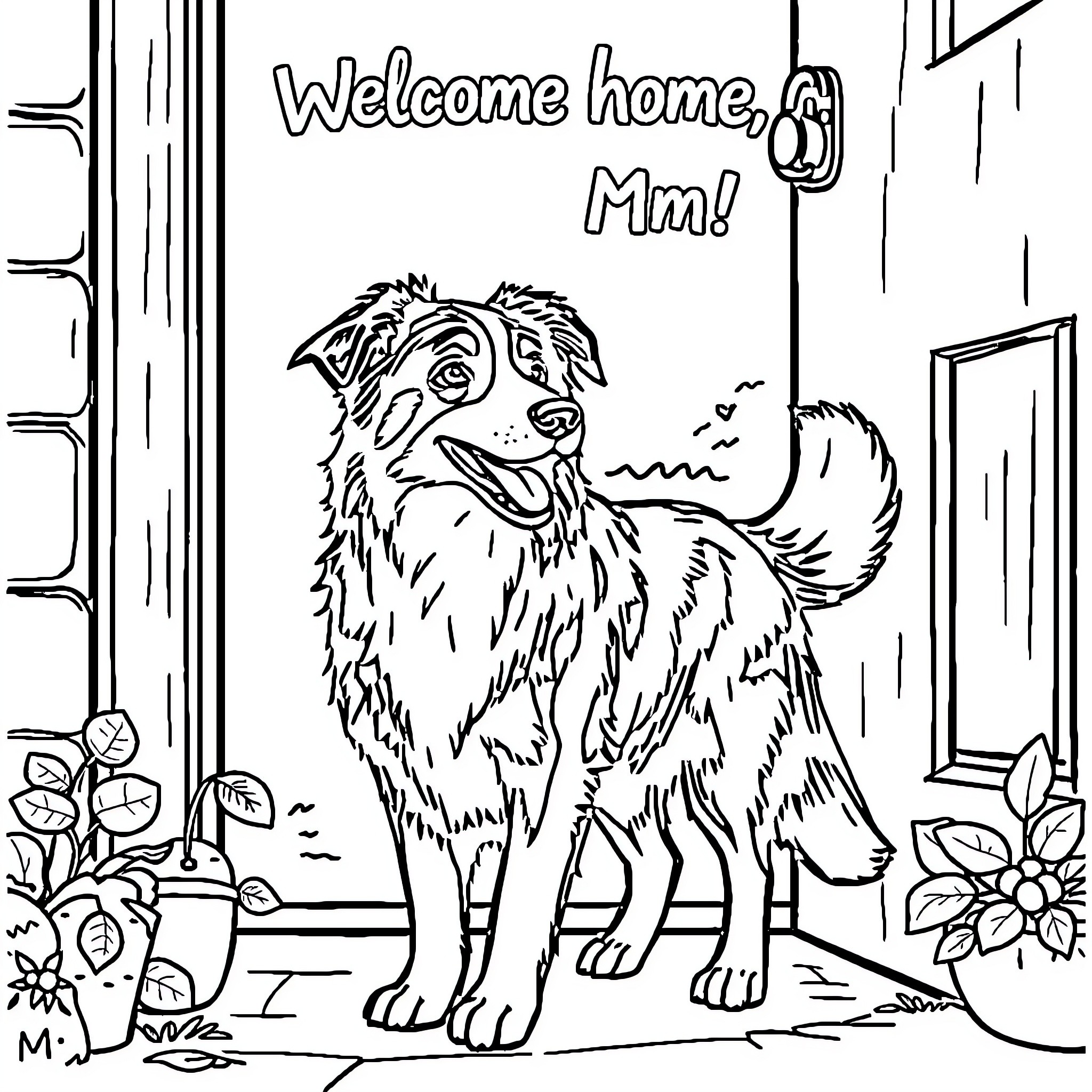 Border Collie happily welcomes human home Coloring Page (free black-and-white line drawing printable PDF for all, from beginners to advanced learners, including children, teens, adults, and seniors)
