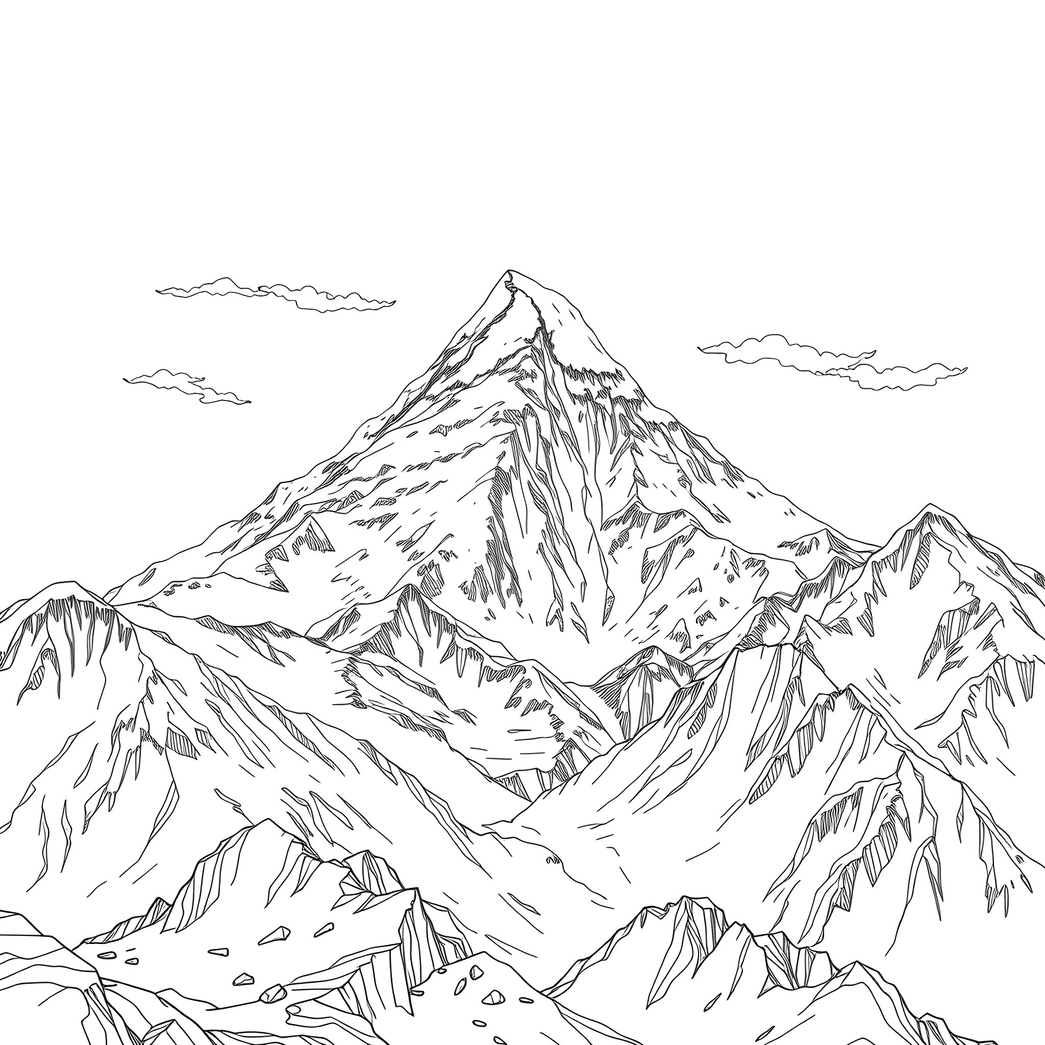 Everest mountainous landscape sketch Coloring Page (free black-and-white line drawing printable PDF for all, from beginners to advanced learners, including children, teens, adults, and seniors)