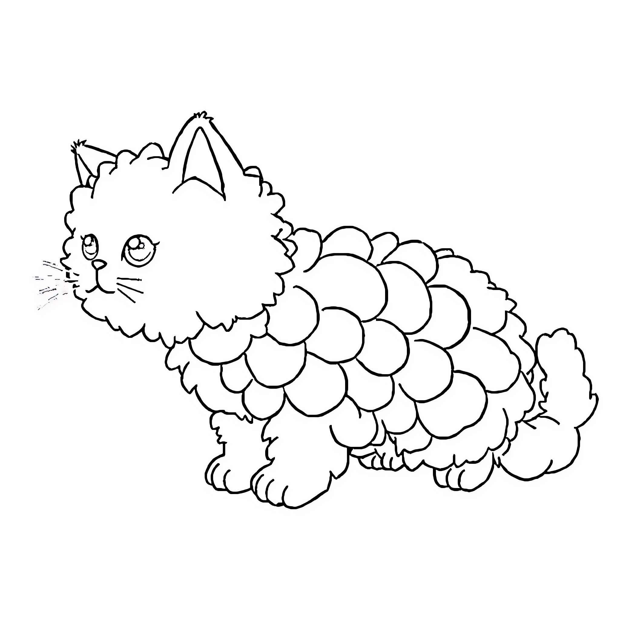 Cat in Fluffy Cartoon Style Coloring Page (free black-and-white line drawing printable PDF for all, from beginners to advanced learners, including children, teens, adults, and seniors)