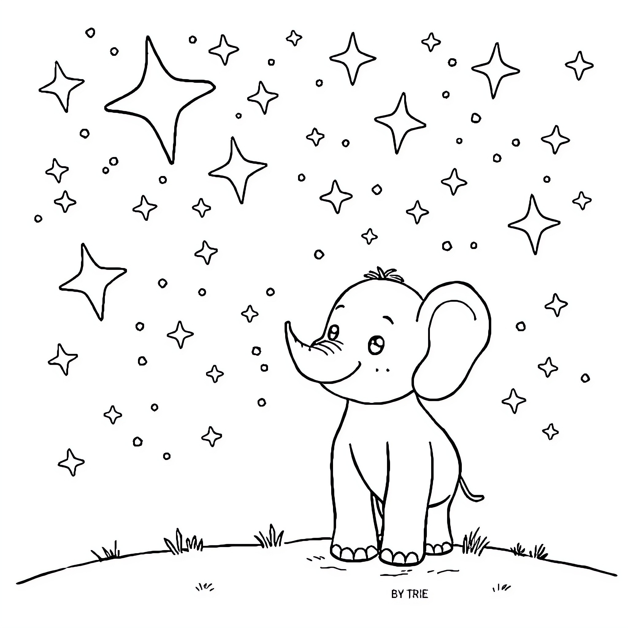 Elephant gazing at the starry night sky Coloring Page (free black-and-white line drawing printable PDF for all, from beginners to advanced learners, including children, teens, adults, and seniors)