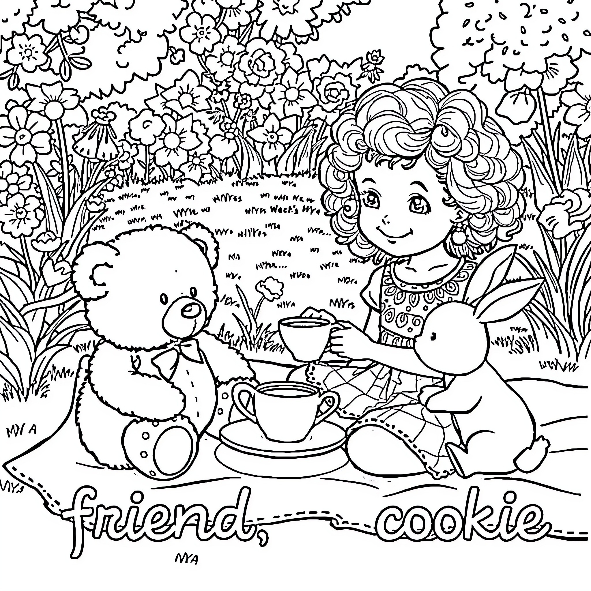 Girl enjoys picnic with stuffed animal friends Coloring Page (free black-and-white line drawing printable PDF for all, from beginners to advanced learners, including children, teens, adults, and seniors)
