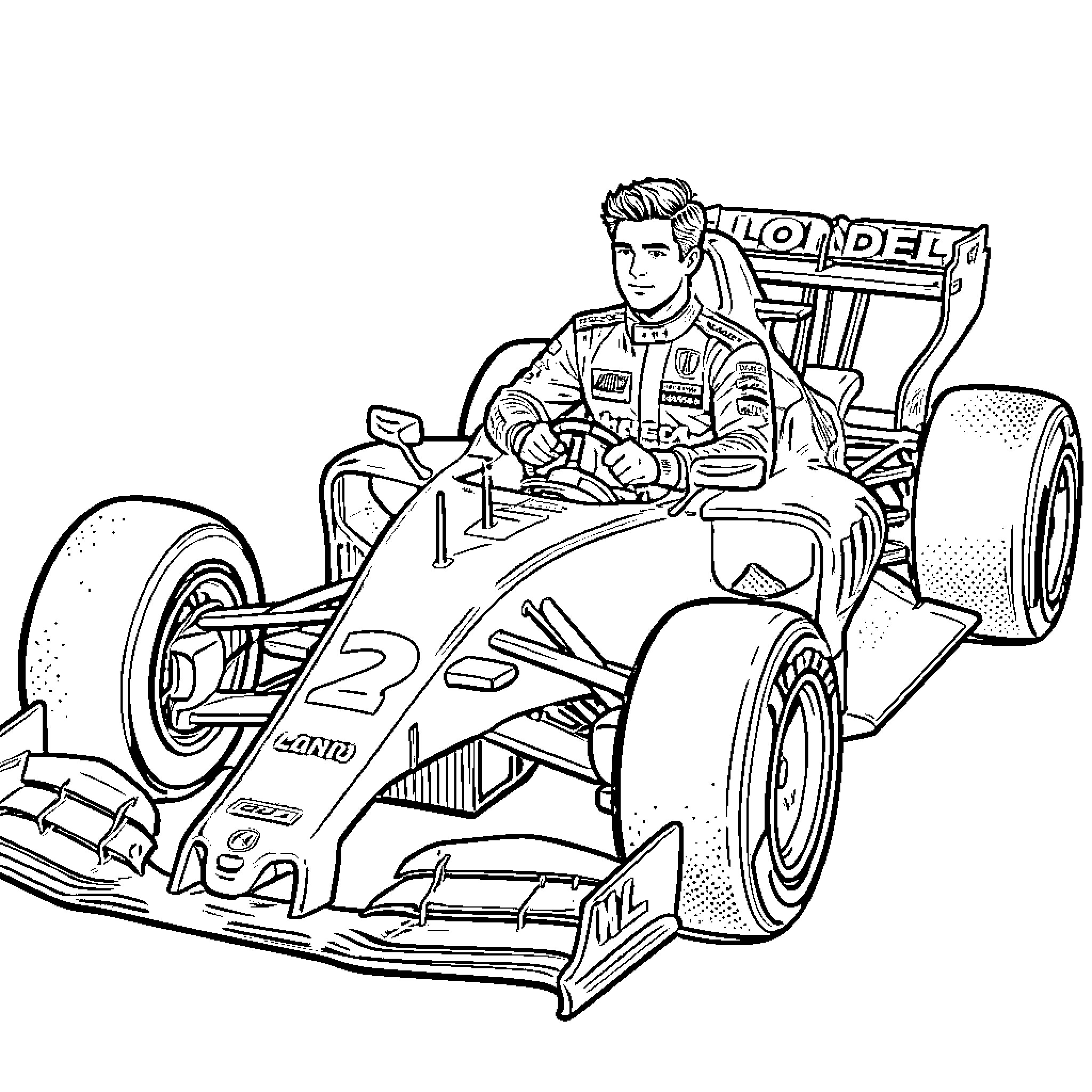 Lando Norris driving formula one racing car Coloring Page (free black-and-white line drawing printable PDF for all, from beginners to advanced learners, including children, teens, adults, and seniors)