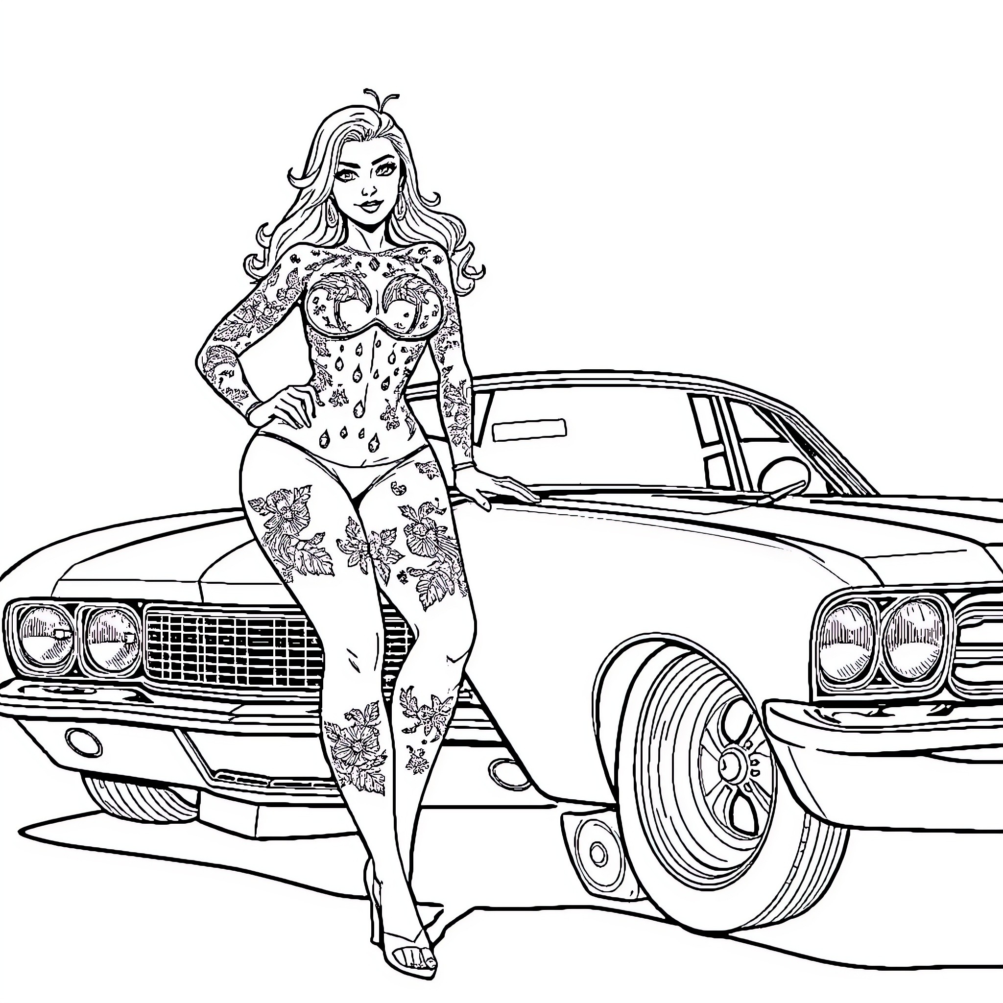 Pinup girl posing confidently with vintage automobile Coloring Page (free black-and-white line drawing printable PDF for all, from beginners to advanced learners, including children, teens, adults, and seniors)