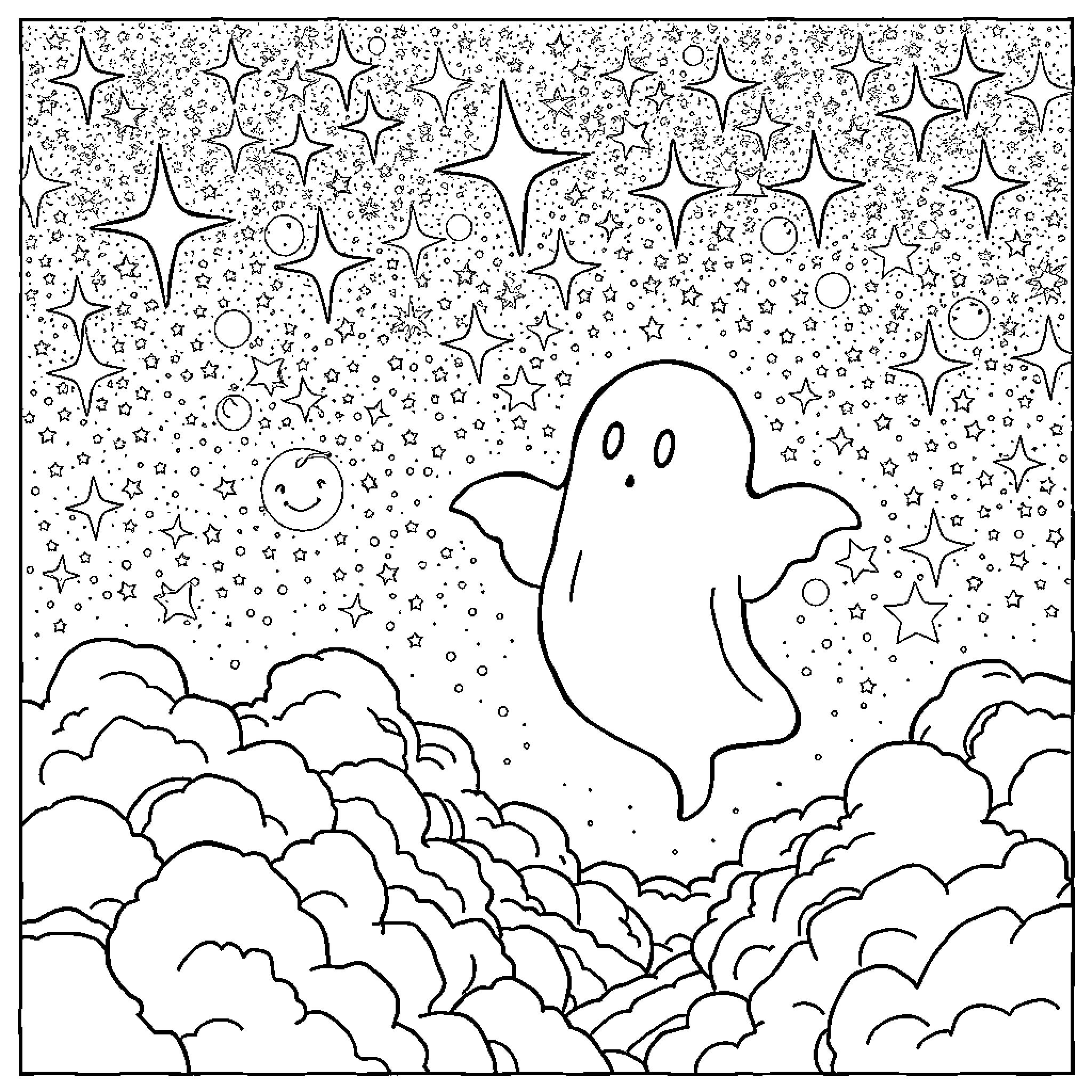 Ghost floating amidst starry night sky and clouds Coloring Page (free black-and-white line drawing printable PDF for all, from beginners to advanced learners, including children, teens, adults, and seniors)