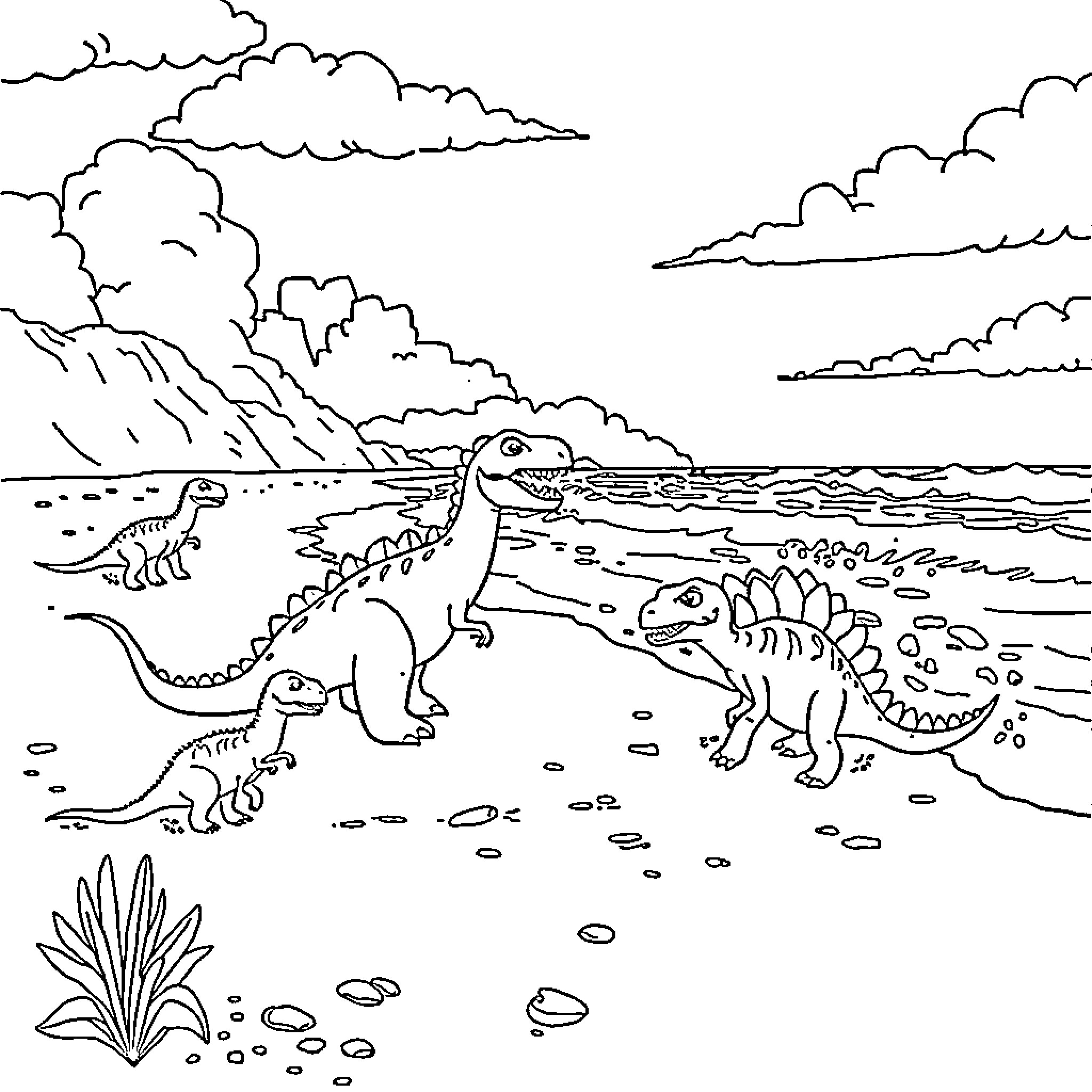 Dinosaurs exploring the prehistoric landscape Coloring Page (free black-and-white line drawing printable PDF for all, from beginners to advanced learners, including children, teens, adults, and seniors)
