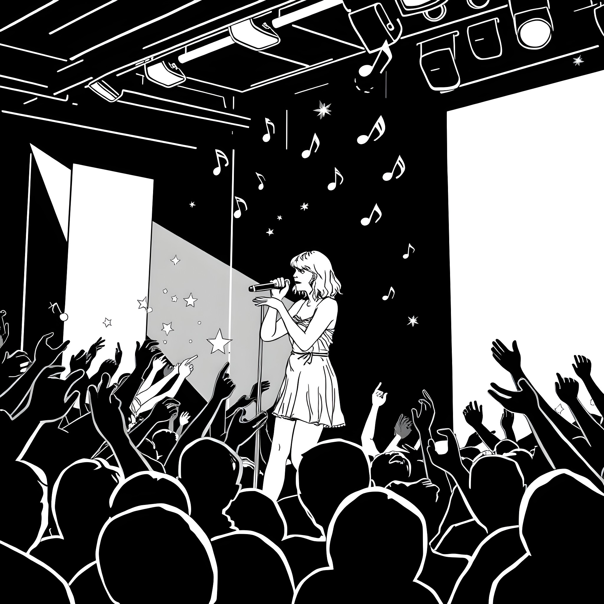 Taylor Swift captivating the crowd with her performance Coloring Page (free black-and-white line drawing printable PDF for all, from beginners to advanced learners, including children, teens, adults, and seniors)