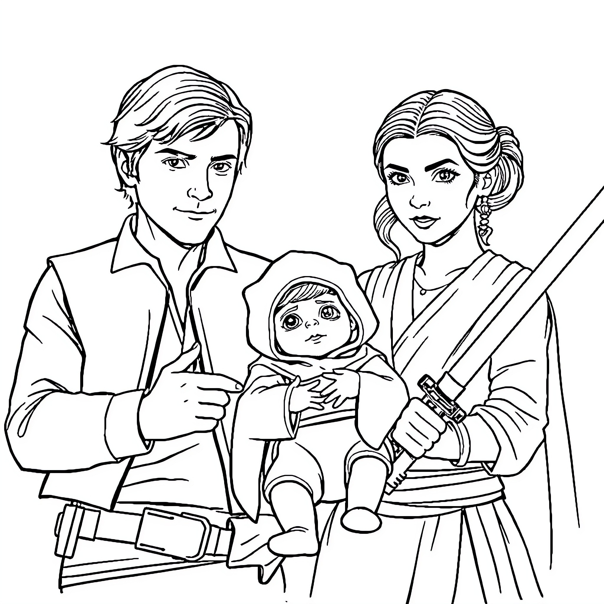 Family Portrait of Adventurous Star Wars Characters Coloring Page (free black-and-white line drawing printable PDF for all, from beginners to advanced learners, including children, teens, adults, and seniors)