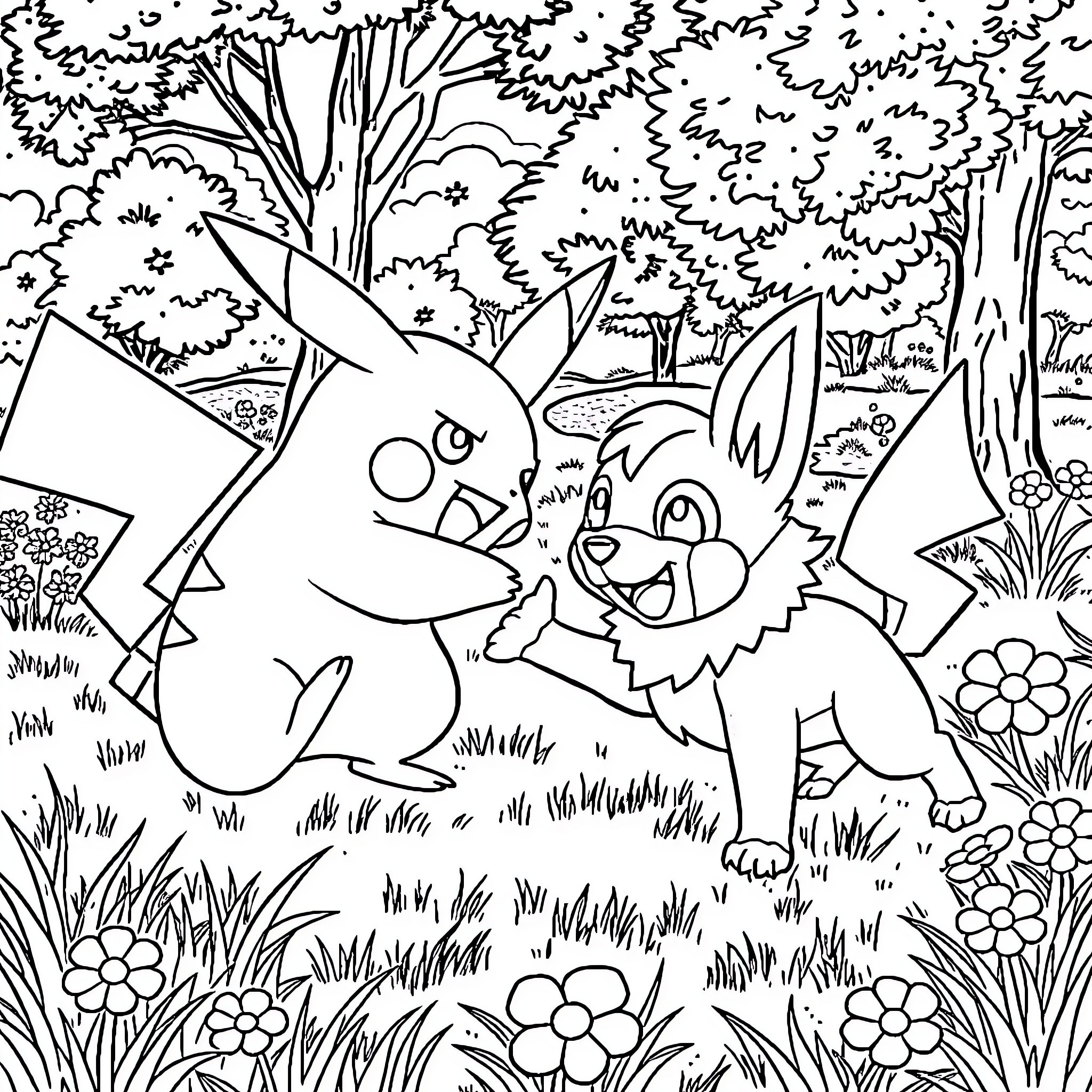 Pikachu and Vulpix playing in the forest Coloring Page (free black-and-white line drawing printable PDF for all, from beginners to advanced learners, including children, teens, adults, and seniors)