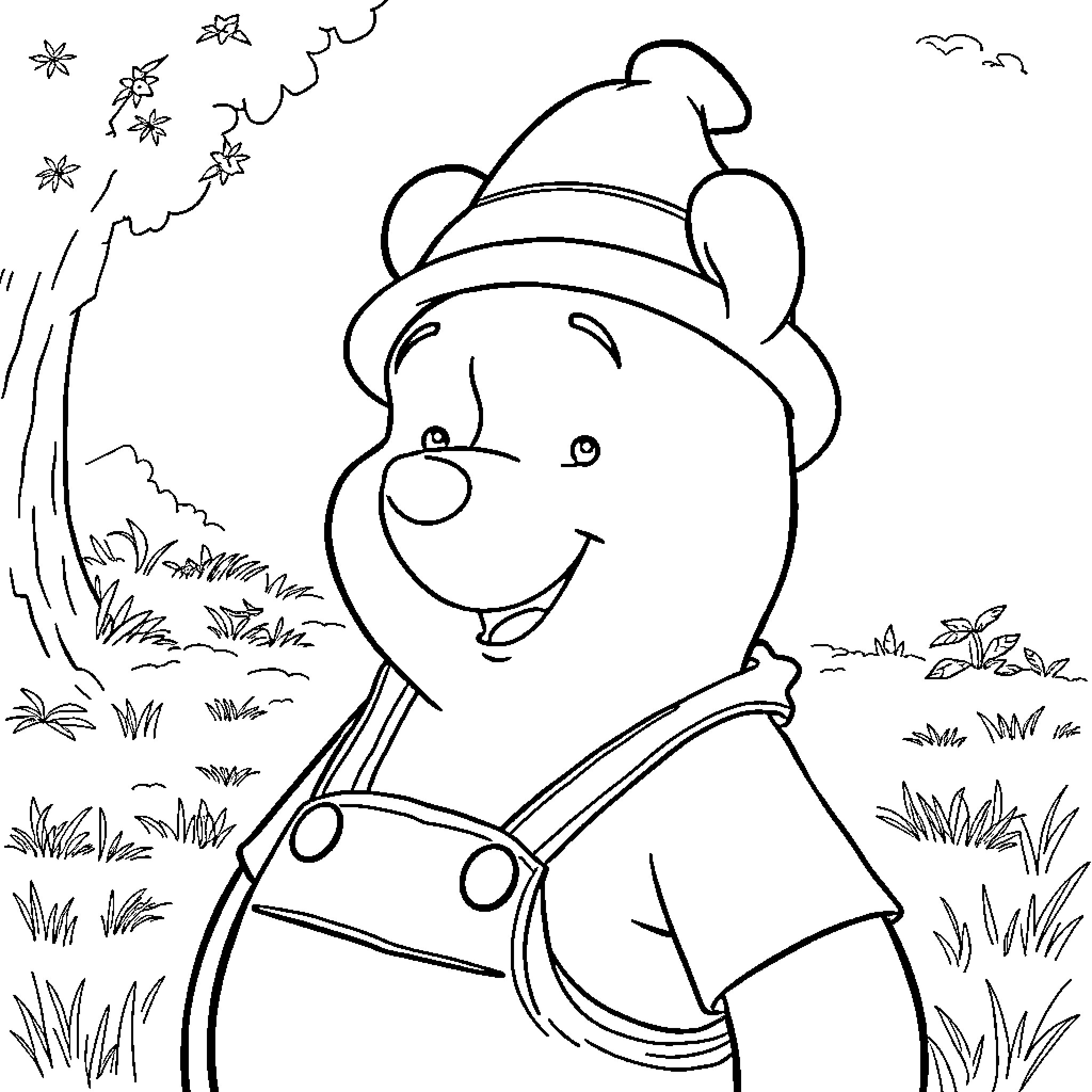 Winnie The Pooh explores the outdoors Coloring Page (free black-and-white line drawing printable PDF for all, from beginners to advanced learners, including children, teens, adults, and seniors)