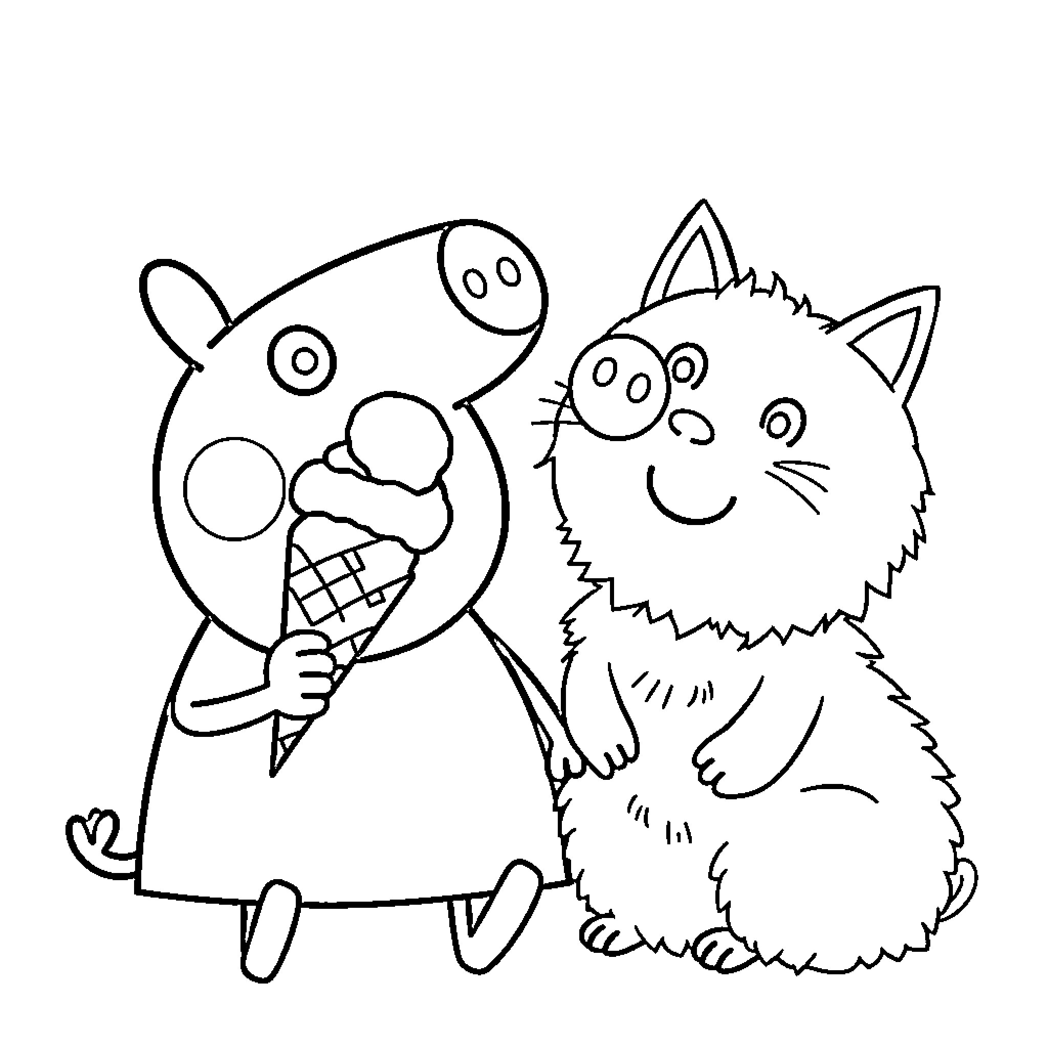 Peppa Pig and her pet cat playing together Coloring Page (free black-and-white line drawing printable PDF for all, from beginners to advanced learners, including children, teens, adults, and seniors)