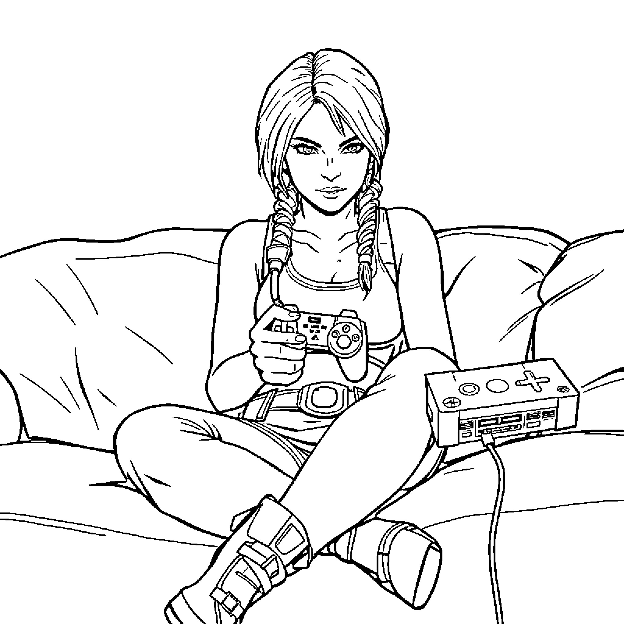 Lara Croft playing video games on the couch Coloring Page (free black-and-white line drawing printable PDF for all, from beginners to advanced learners, including children, teens, adults, and seniors)