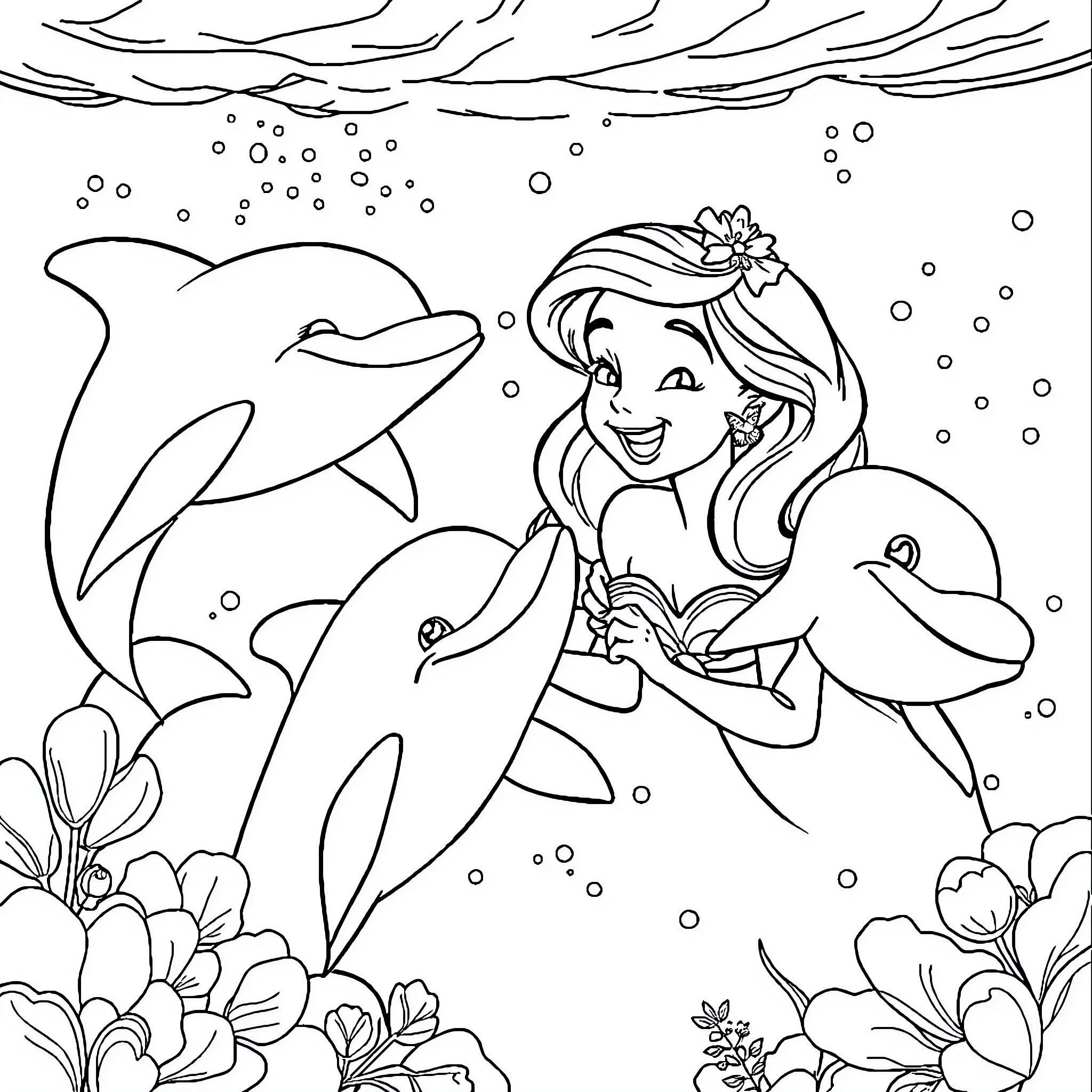 Belle playing with dolphins in the underwater garden Coloring Page (free black-and-white line drawing printable PDF for all, from beginners to advanced learners, including children, teens, adults, and seniors)