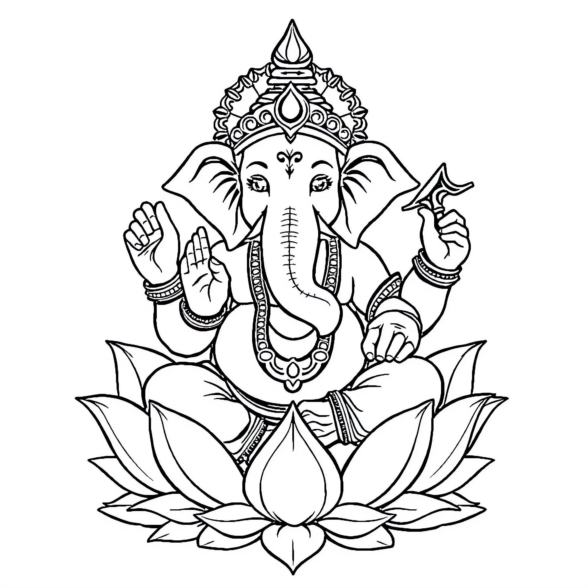 Ganesh seated gracefully on a lotus flower Coloring Page (free black-and-white line drawing printable PDF for all, from beginners to advanced learners, including children, teens, adults, and seniors)