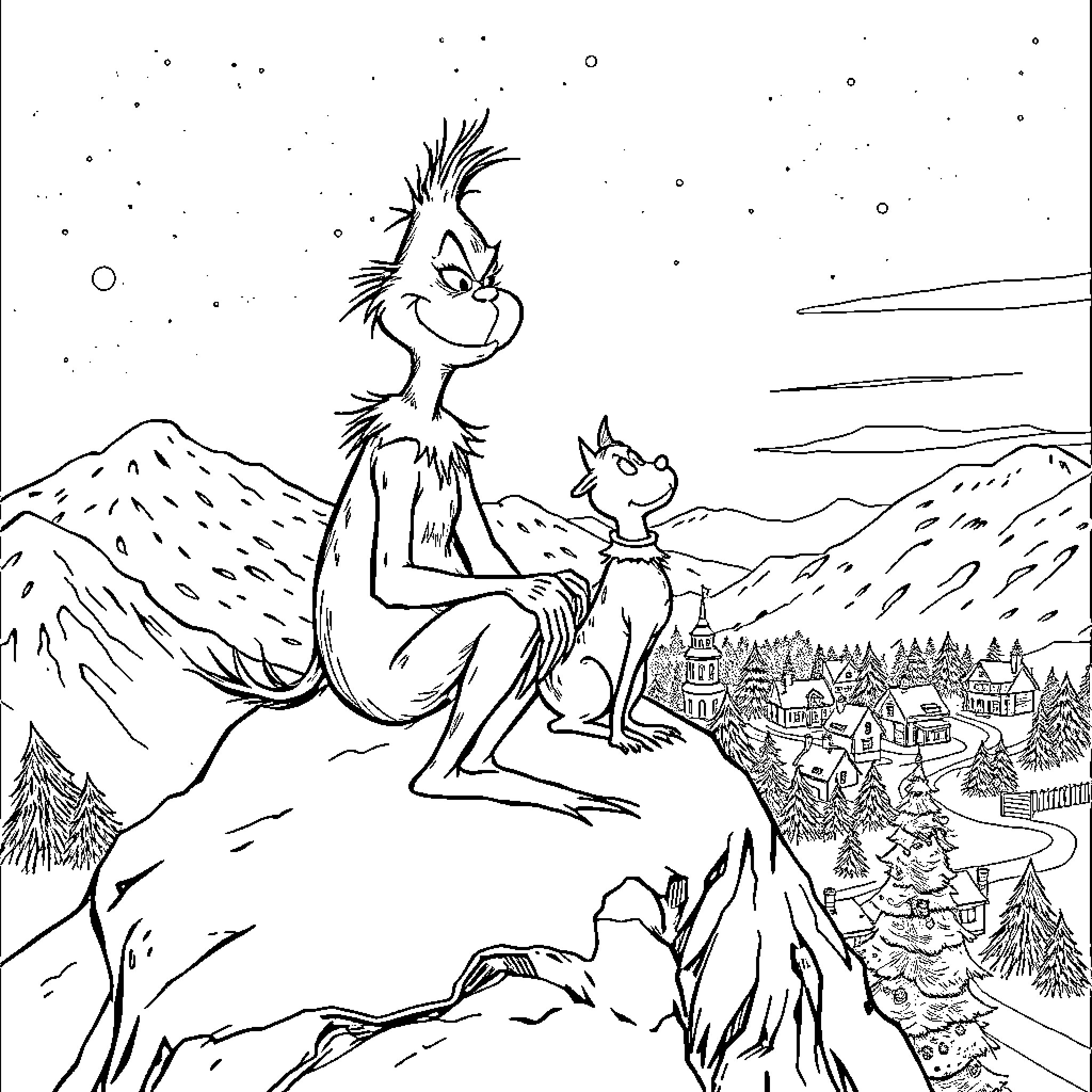 Grinch overlooking the town on a snowy mountain Coloring Page (free black-and-white line drawing printable PDF for all, from beginners to advanced learners, including children, teens, adults, and seniors)
