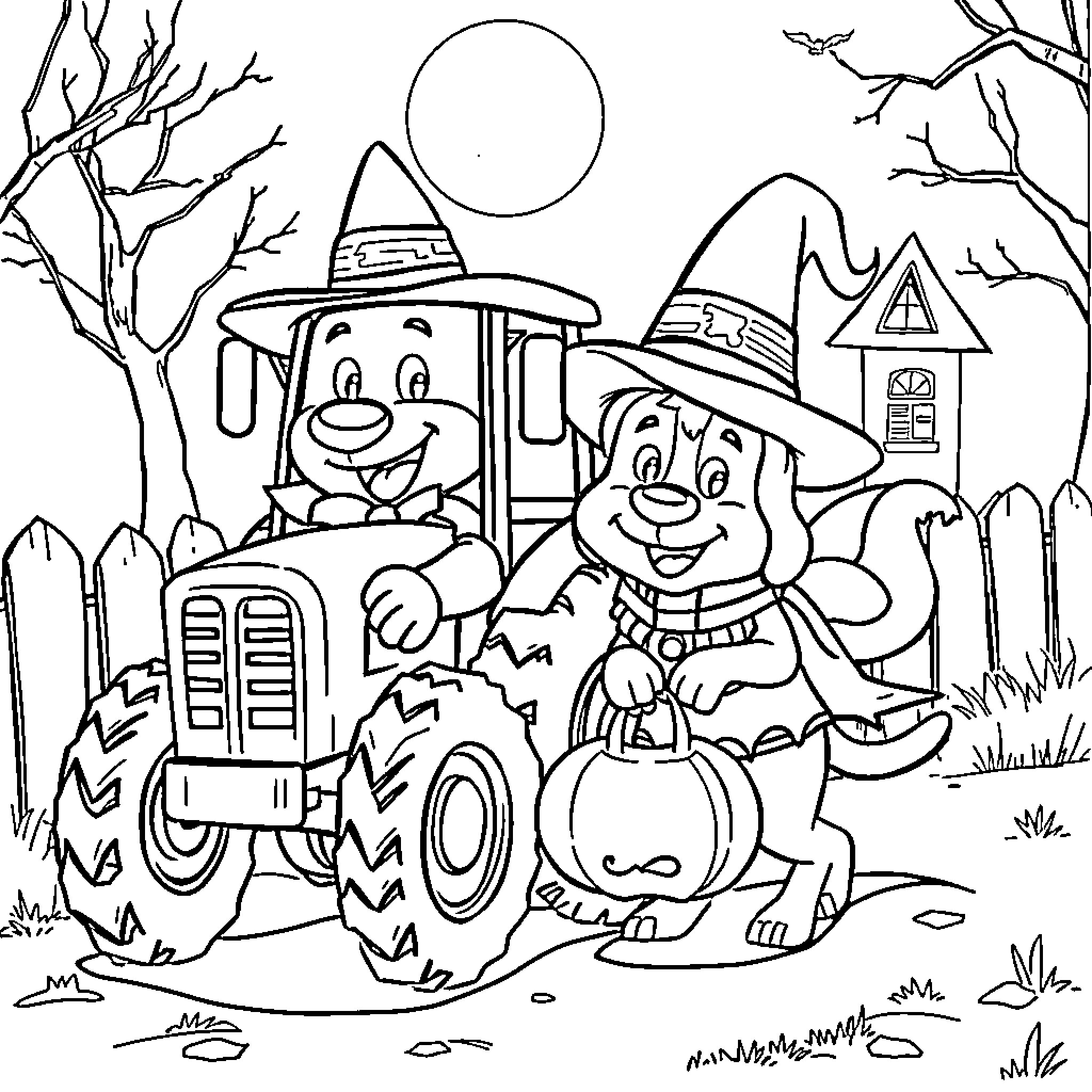 Tractor Ride with Friendly Scarecrows Coloring Page (free black-and-white line drawing printable PDF for all, from beginners to advanced learners, including children, teens, adults, and seniors)