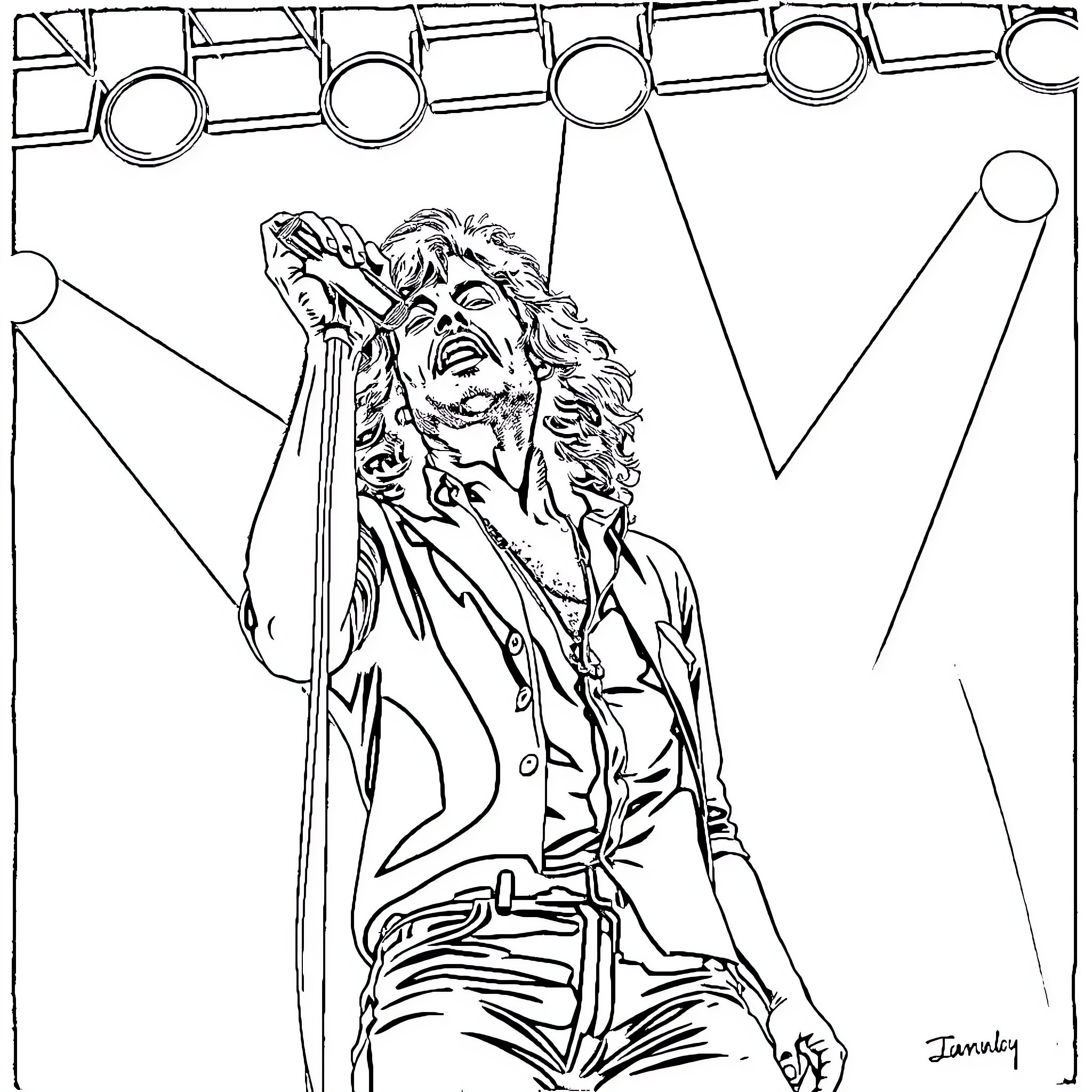 Jim Morrison's Energetic Performance on Stage Coloring Page (free black-and-white line drawing printable PDF for all, from beginners to advanced learners, including children, teens, adults, and seniors)