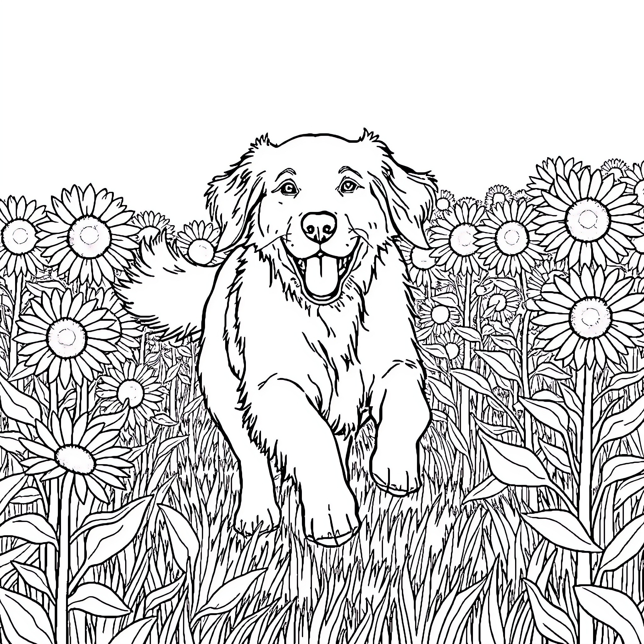 Golden Retriever playing joyfully in a sunflower field Coloring Page (free black-and-white line drawing printable PDF for all, from beginners to advanced learners, including children, teens, adults, and seniors)