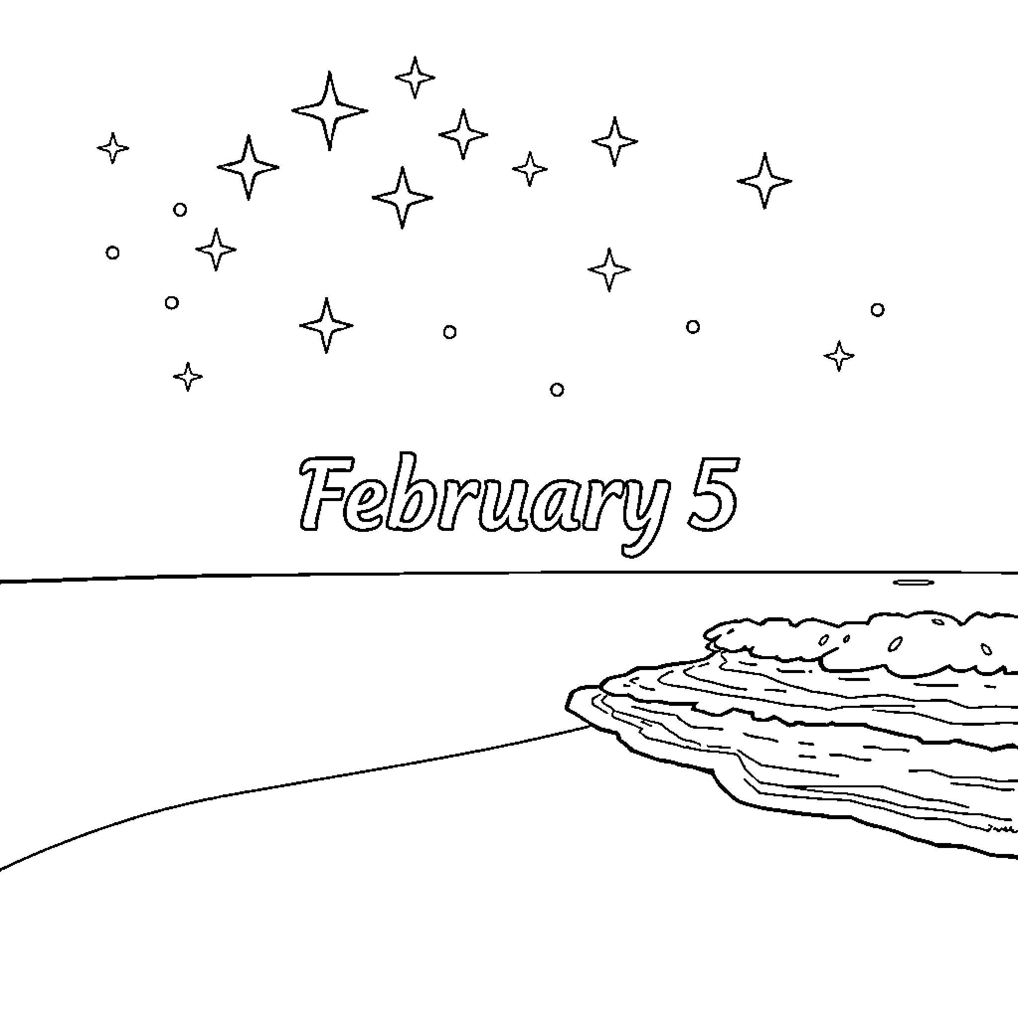Zodiac February 5 under starry sky Coloring Page (free black-and-white line drawing printable PDF for all, from beginners to advanced learners, including children, teens, adults, and seniors)