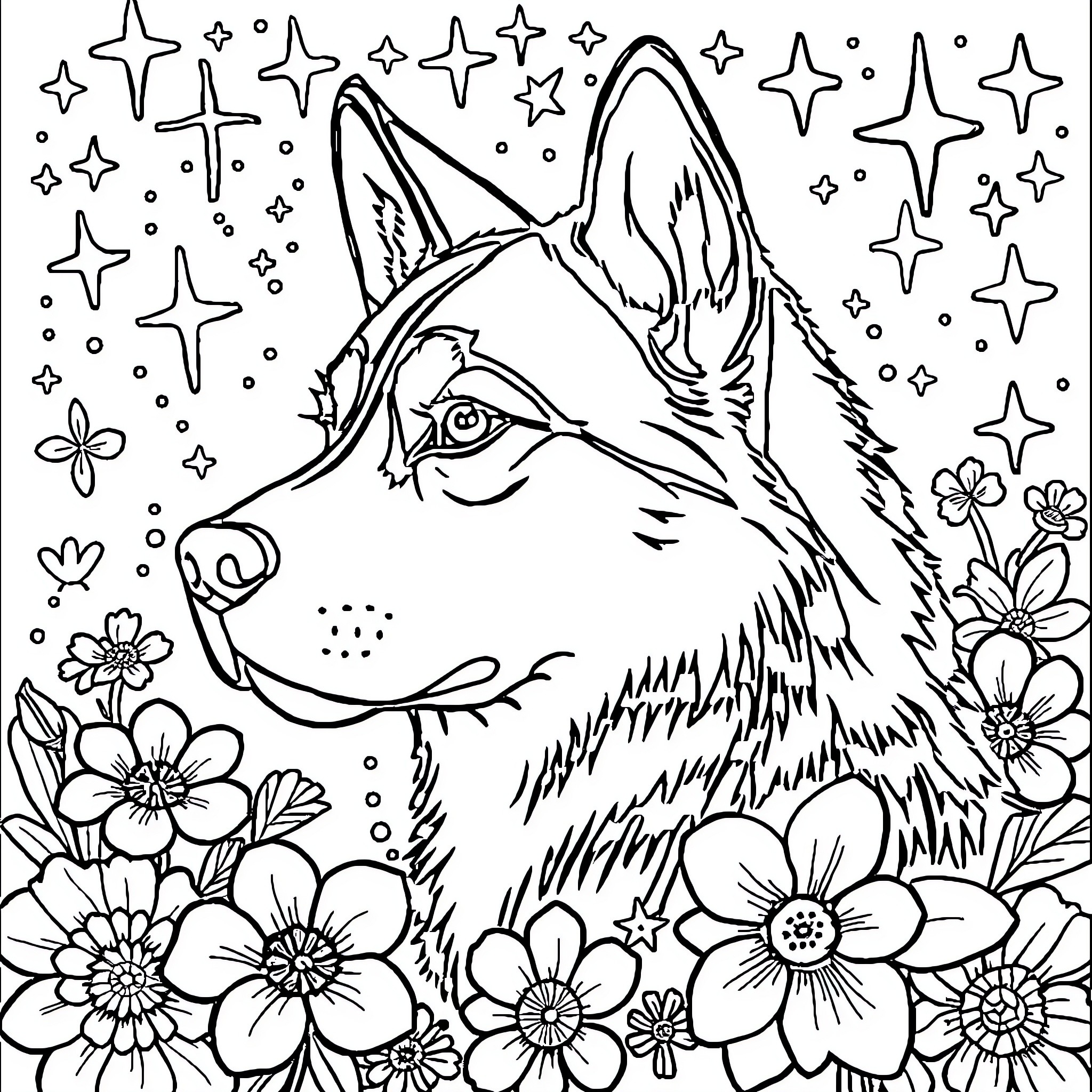 Husky with Blooming Flowers and Shining Stars Coloring Page (free black-and-white line drawing printable PDF for all, from beginners to advanced learners, including children, teens, adults, and seniors)