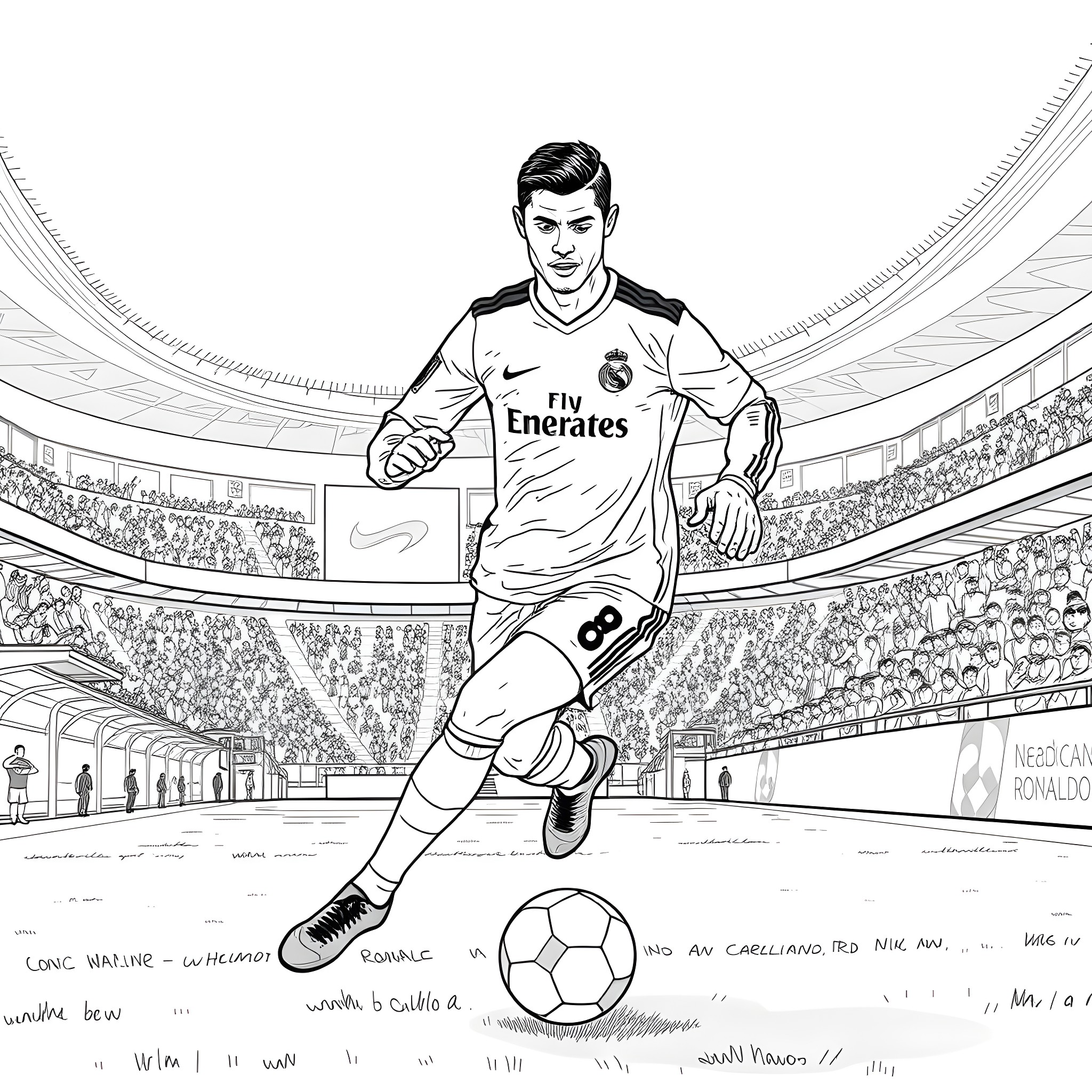 Cristiano Ronaldo playing football in a stadium Coloring Page (free black-and-white line drawing printable PDF for all, from beginners to advanced learners, including children, teens, adults, and seniors)